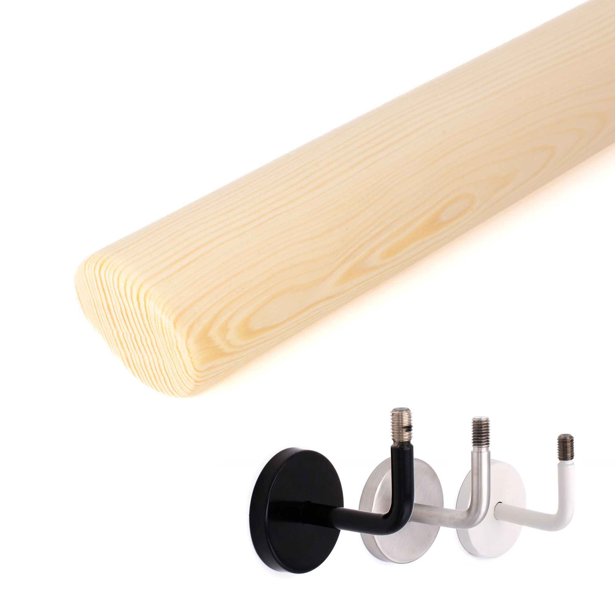 Corrimano ovale in abete rosso naturale con profilo ovale, accanto supporti per corrimano in nero, acciaio inox e bianco