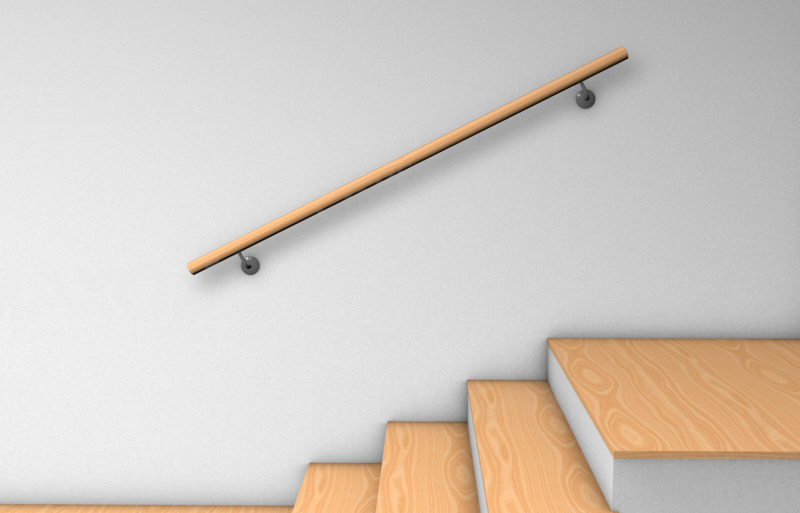 Corrimano rotondo in legno a parete con due supporti lungo la scala, rendering sulla posizione dei supporti per corrimano
