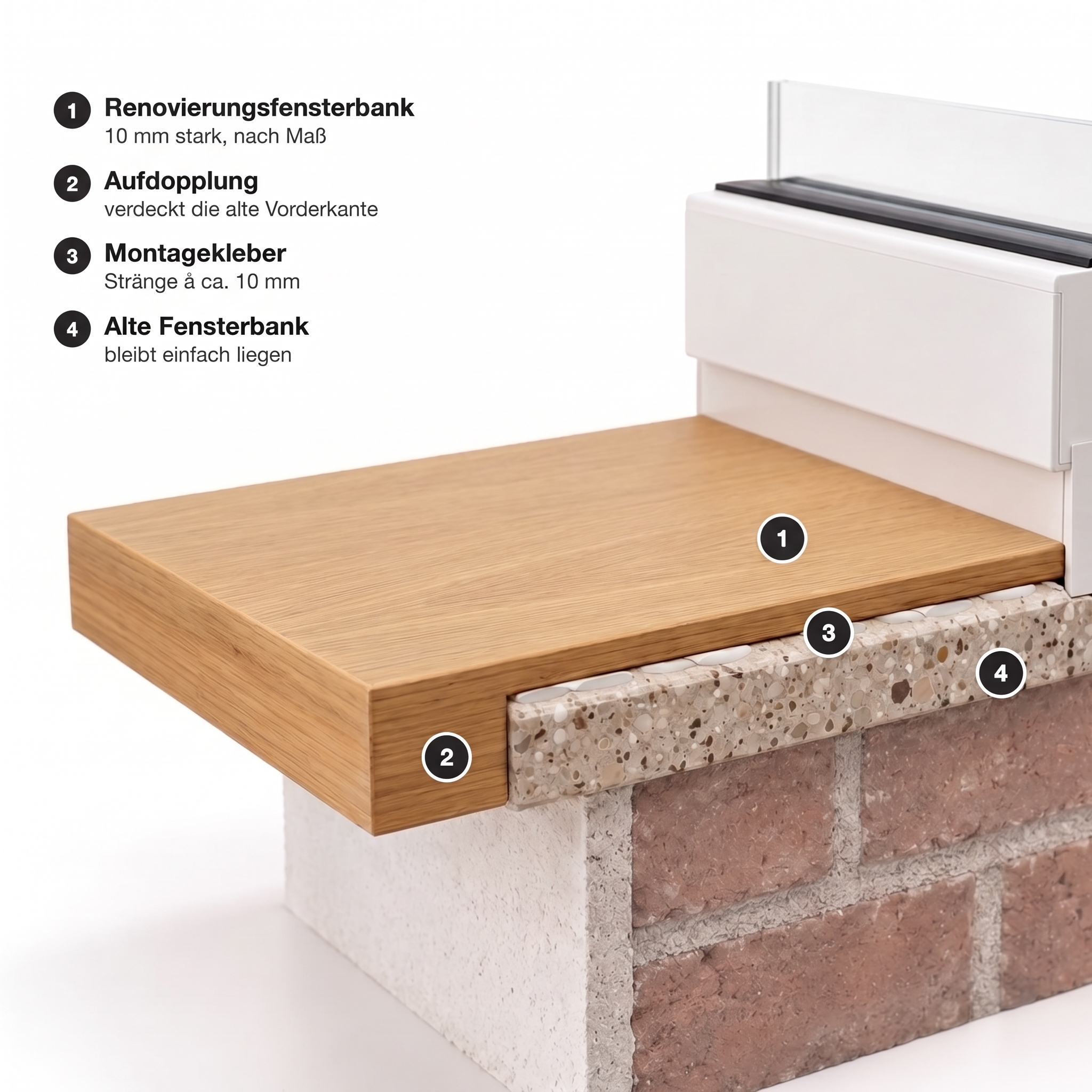 Davanzale per ristrutturazione in legno massello, schema: piano in legno da 10 mm con rialzo incollato sul vecchio davanzale