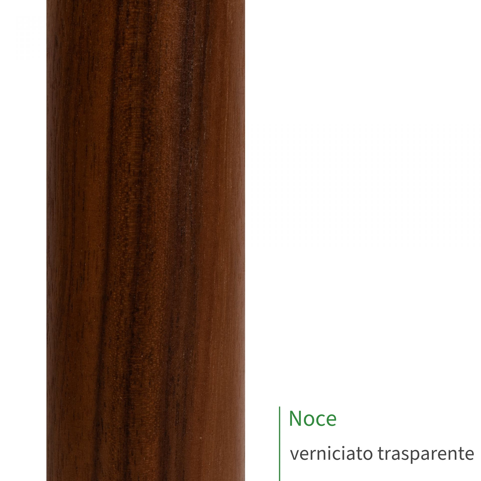 Corrimano in noce verniciato trasparente, primo piano della superficie del legno con venatura scura e tonalità bruno scuro