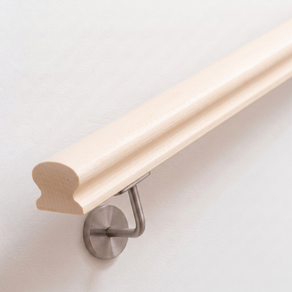 Corrimano Omega in acero su parete bianca con supporto in acciaio inox, legno chiaro naturale, profilo Omega dal basso