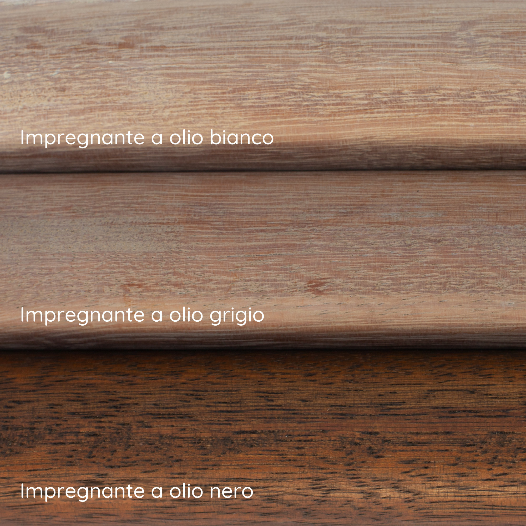 Corrimano in iroko: tre campioni con impregnante a olio bianco, grigio e nero, superficie del legno con venatura