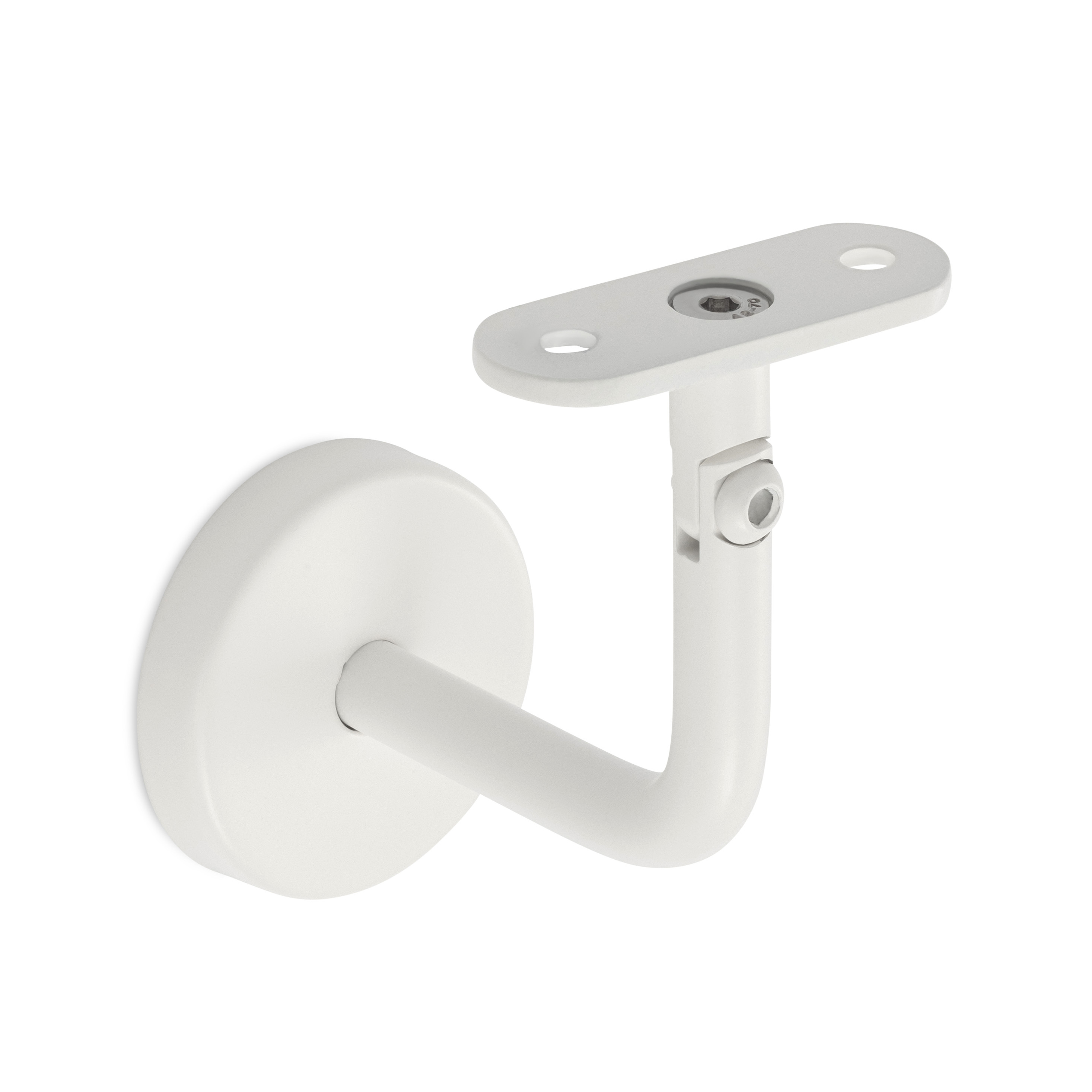 Supporto per corrimano modello 04 bianco con snodo e piastra diritta, a parete con rosetta rotonda per corrimano in legno
