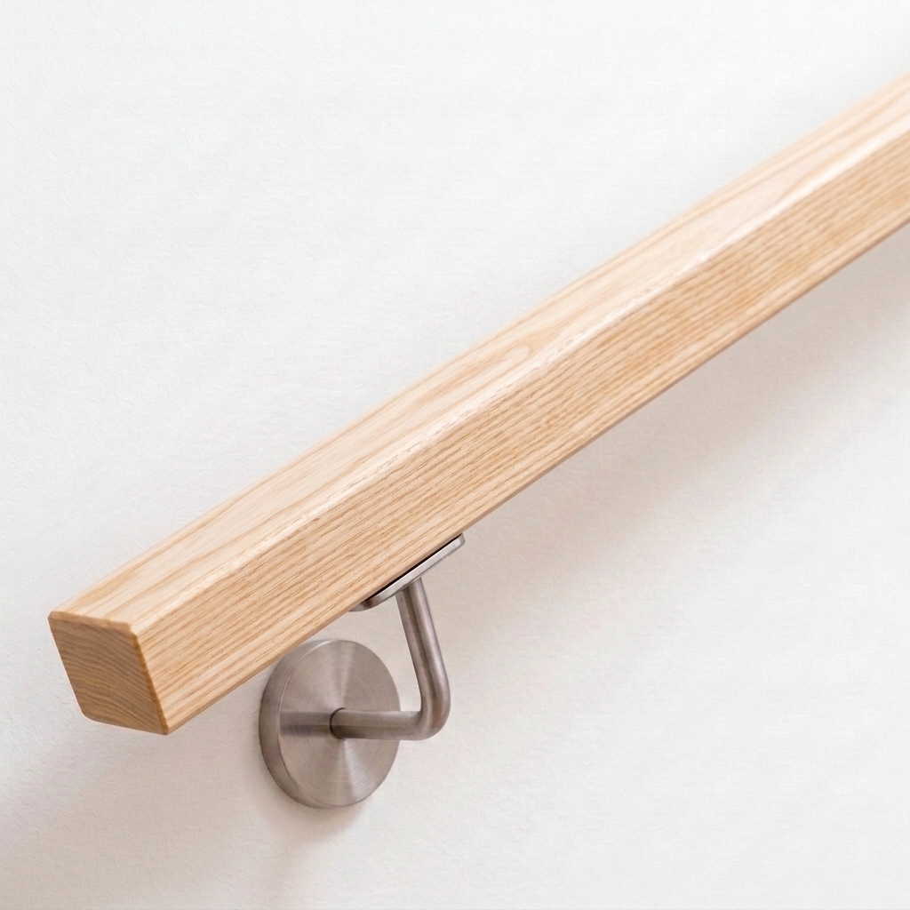 Corrimano quadrato in frassino su parete bianca con supporto inox, legno chiaro con venatura marcata, vista obliqua