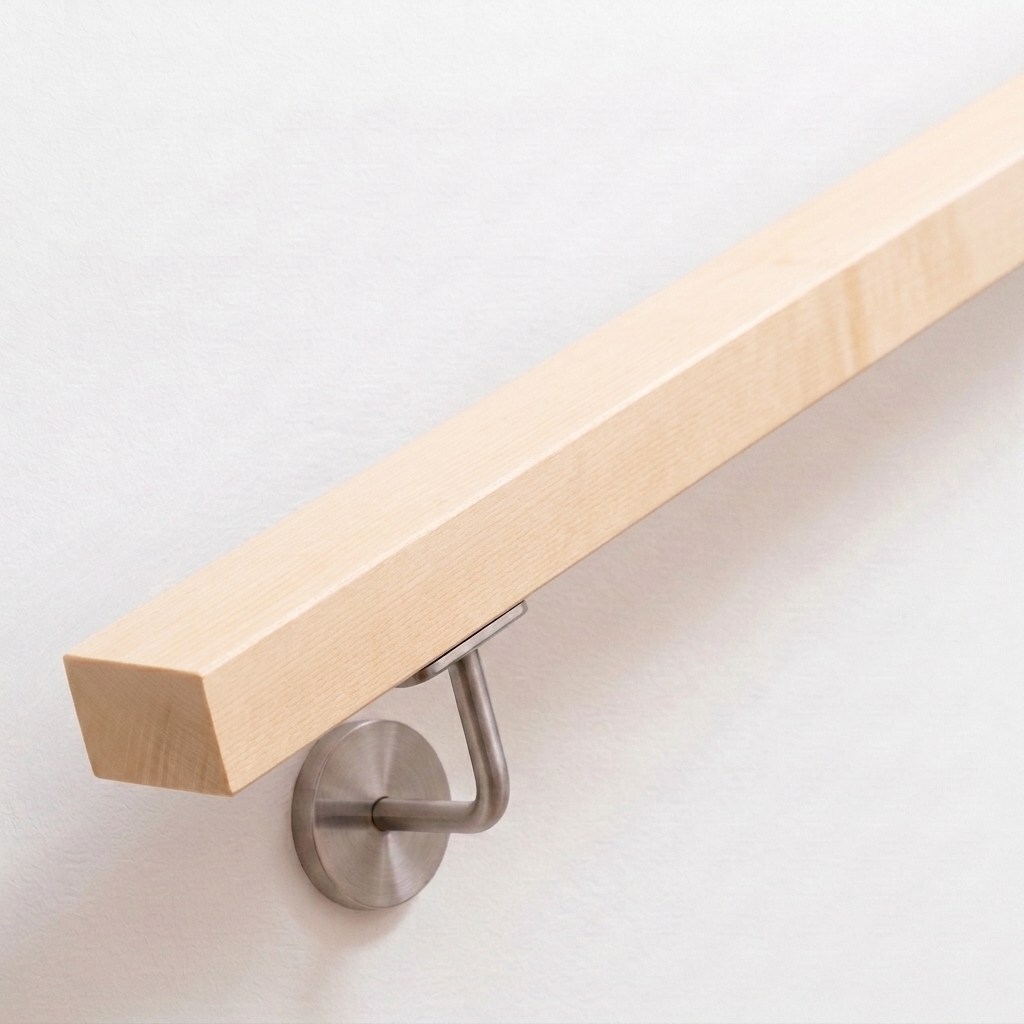 Corrimano rettangolare in acero, legno molto chiaro, supporto in acciaio inox su parete bianca, estremità dritta