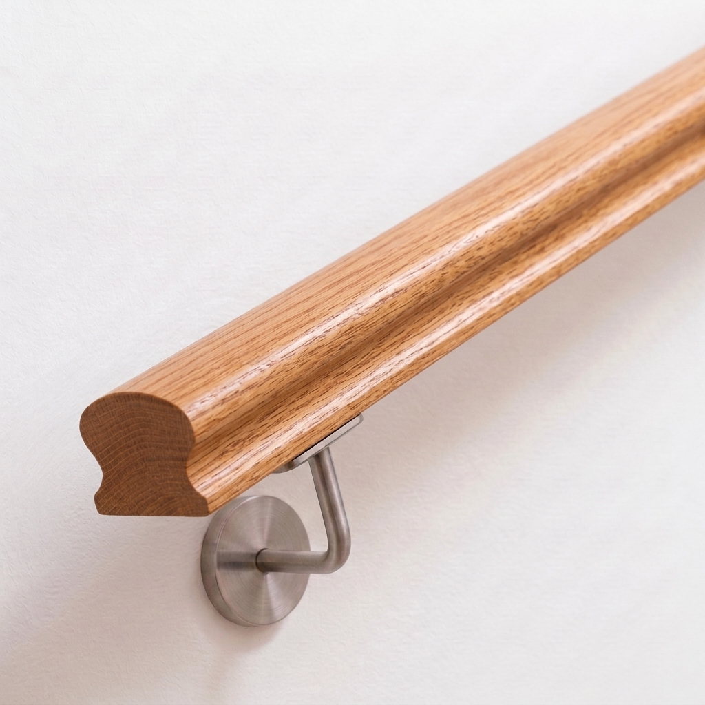 Corrimano Omega in rovere rosso su parete bianca con supporto in acciaio inox, venatura bruno-rossastra, estremità dritta