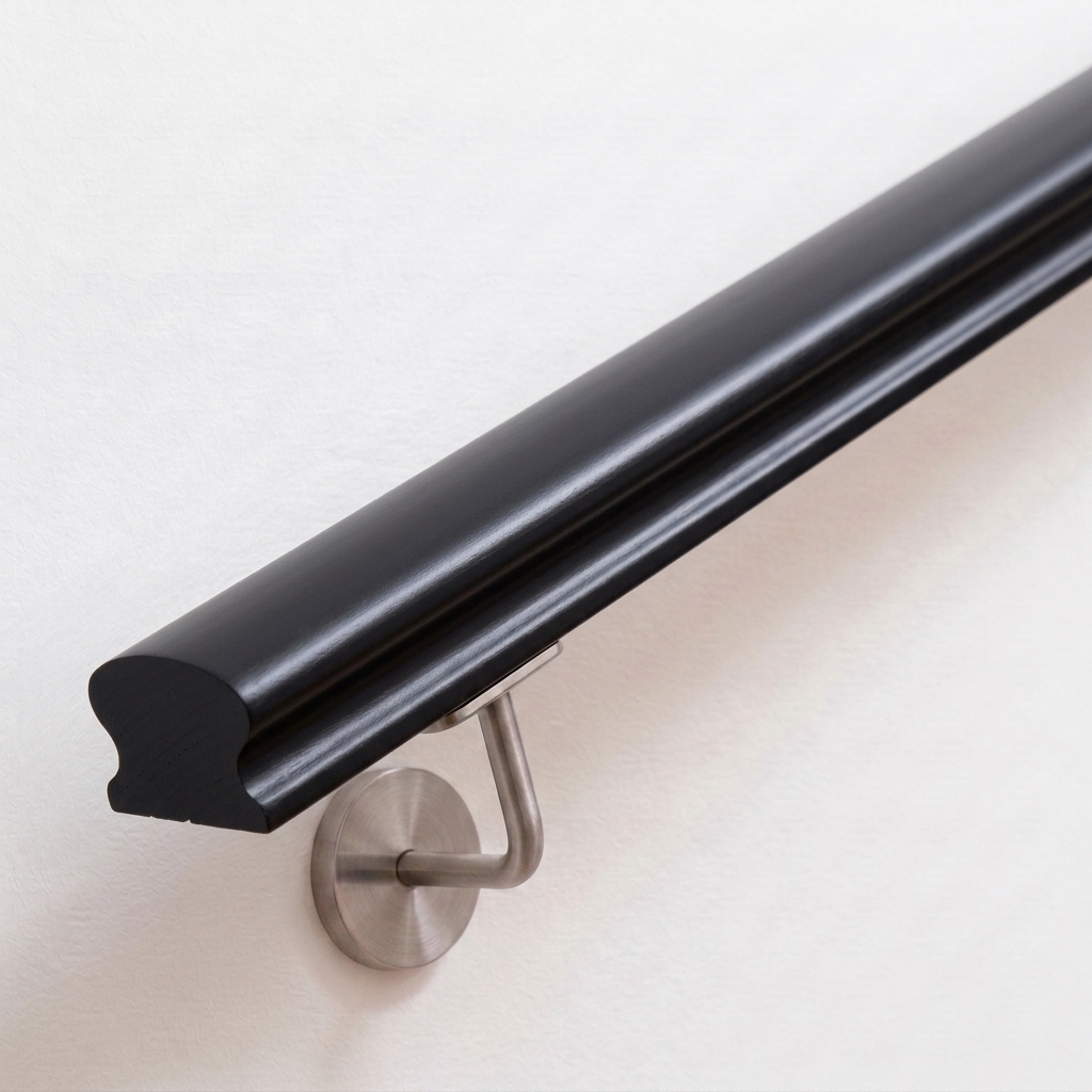 Corrimano Omega in faggio verniciato nero, sezione profilata, supporto in acciaio inox su parete bianca, estremità dritta
