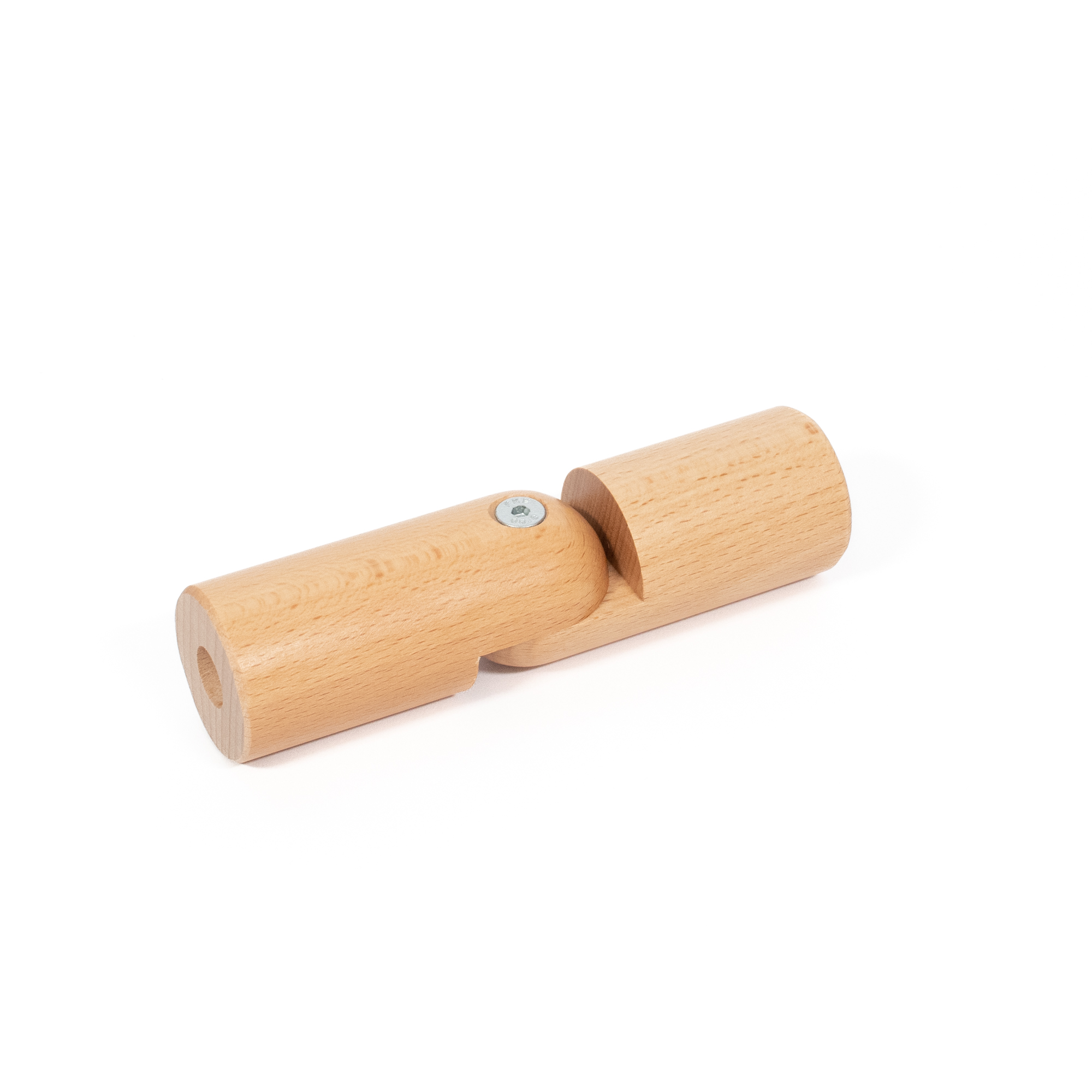 Raccordo ad angolo variabile in faggio Ø 42 mm per corrimano in legno, disteso a 180°, snodo con vite, vista dall'alto