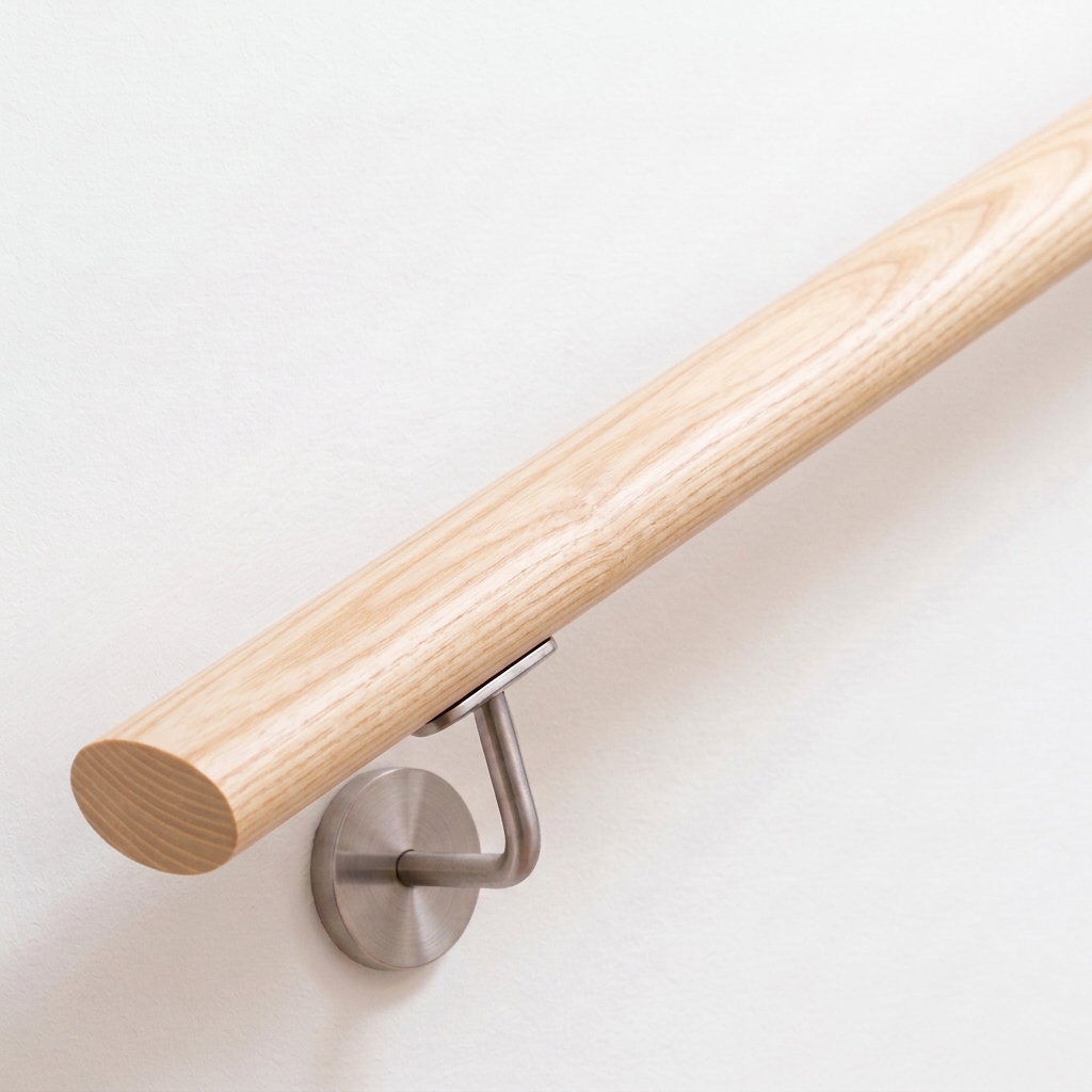 Corrimano ovale in frassino su parete bianca con supporto inox, legno chiaro con venatura fine, vista obliqua dal basso