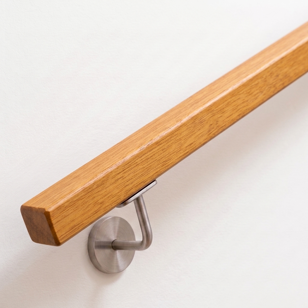 Corrimano quadrato in iroko, legno bruno dorato, supporto in acciaio inox su parete bianca, estremità dritta, vista obliqua