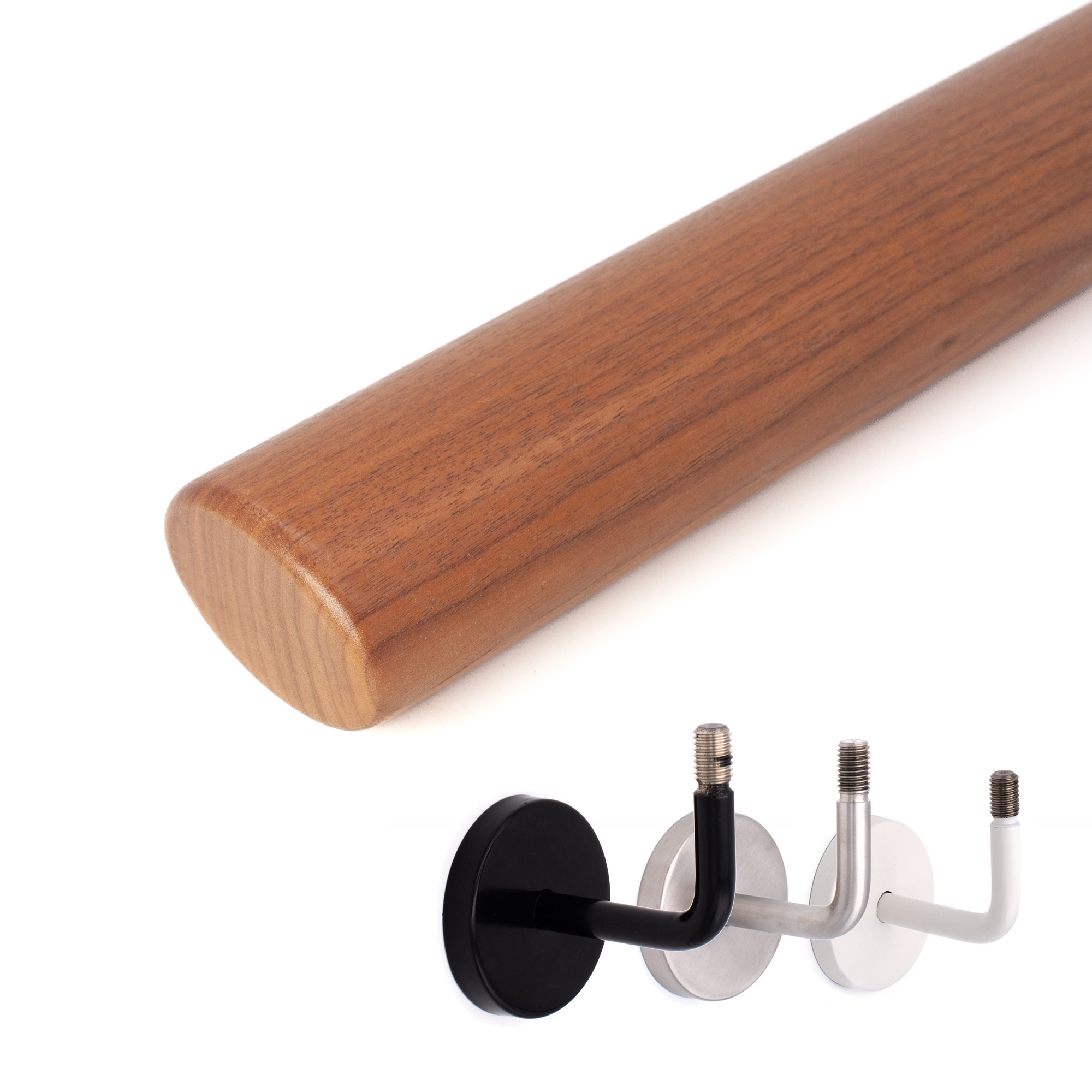 Corrimano ovale in noce su sfondo bianco con profilo ovale, sotto tre supporti per corrimano in nero, acciaio inox e bianco