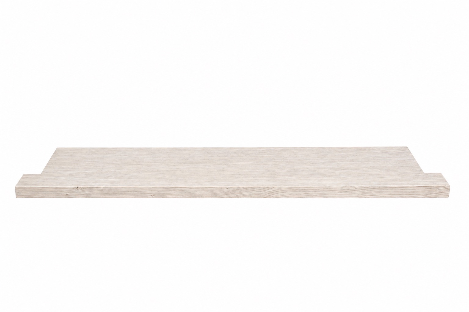 Davanzale per ristrutturazione in rovere tinto bianco, legno massello venato, vista frontale con terminali laterali