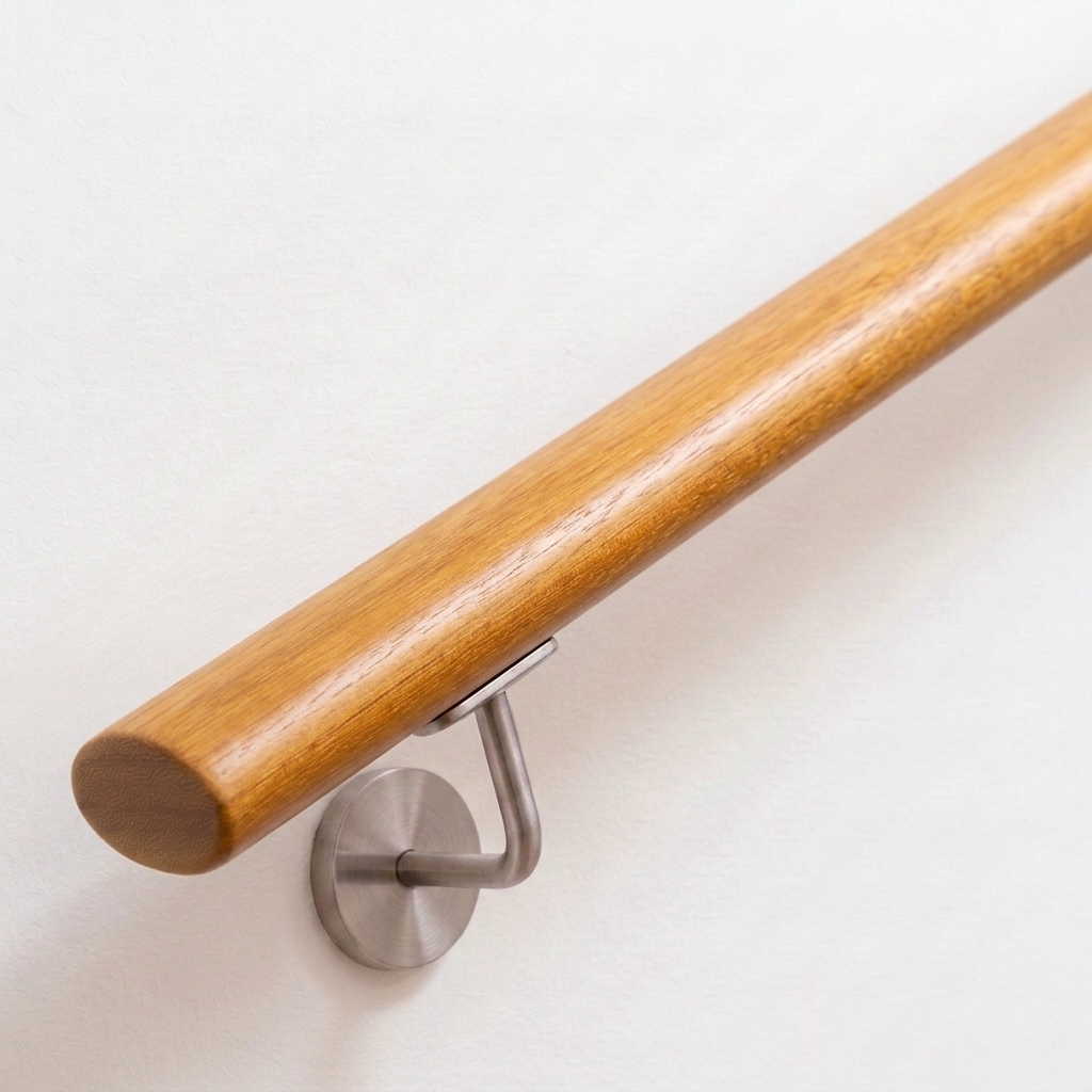 Corrimano ovale in iroko, legno bruno dorato, supporto in acciaio inox su parete bianca, estremità dritta, vista dall'alto