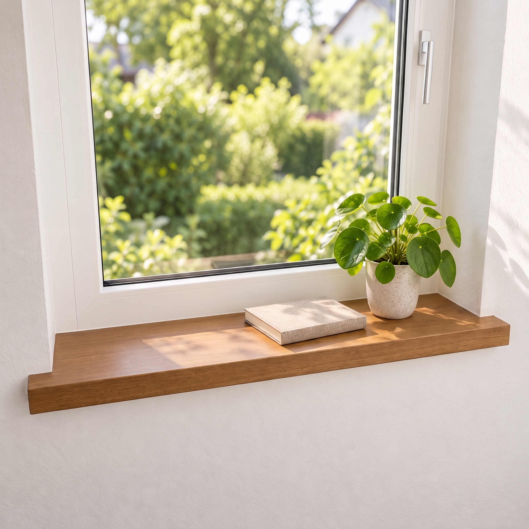 Davanzale per ristrutturazione in faggio tinto di marrone, legno massello, finestra sul giardino, pilea in vaso bianco
