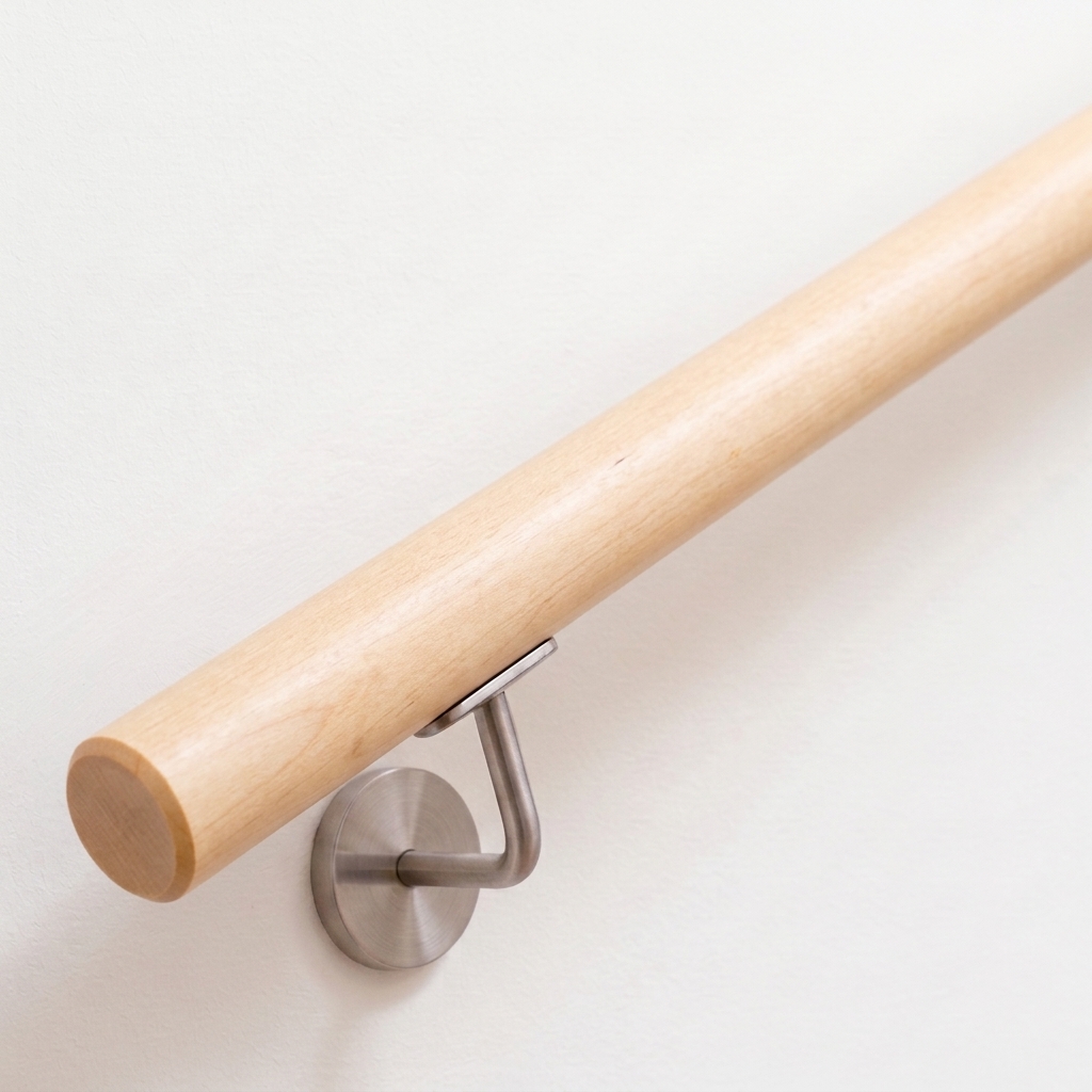 Corrimano rotondo in acero, legno molto chiaro, supporto in acciaio inox su parete bianca, estremità dritta, vista dall'alto