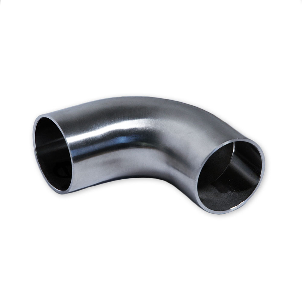 Curva a 90 gradi in acciaio inossidabile per corrimano in legno 42 mm, curva tubolare lucida, su sfondo bianco