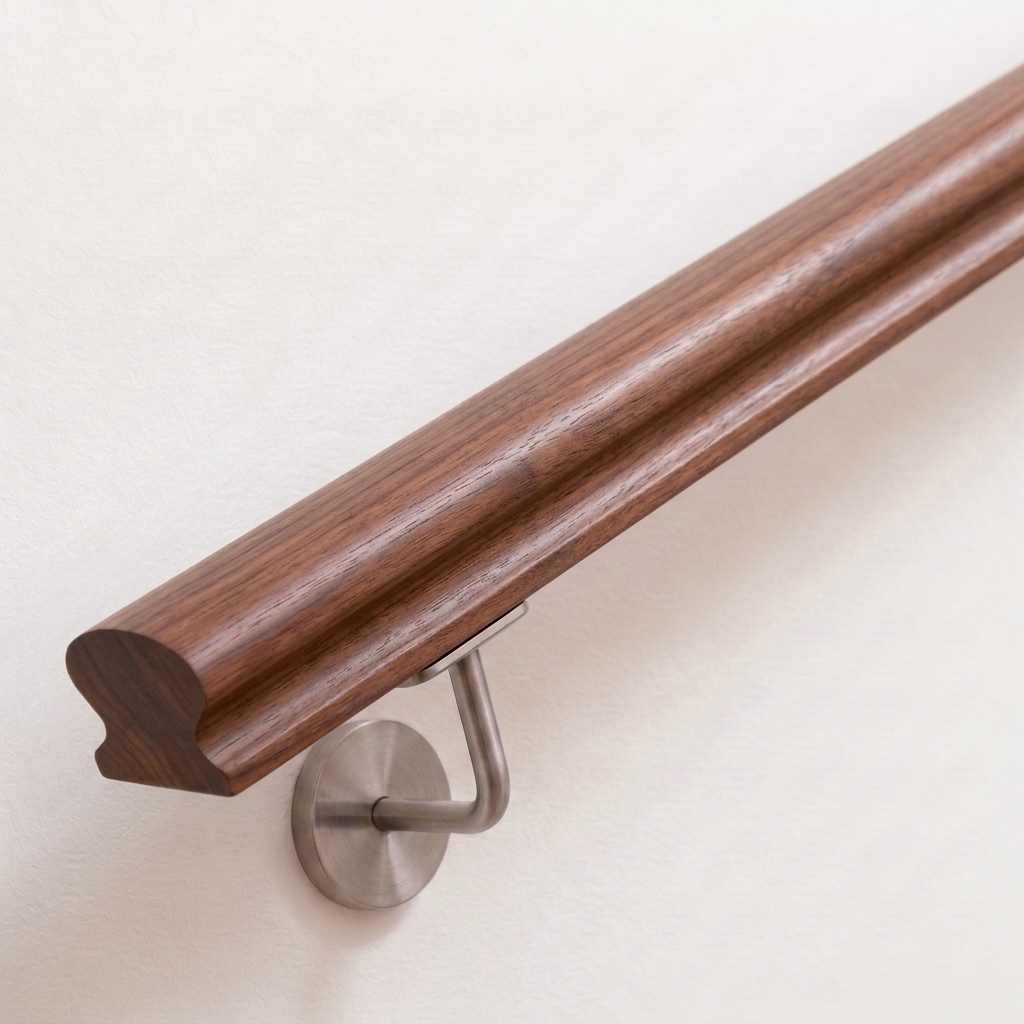 Corrimano Omega in noce su parete bianca con supporto a parete in acciaio inox, legno bruno scuro, estremità dritta