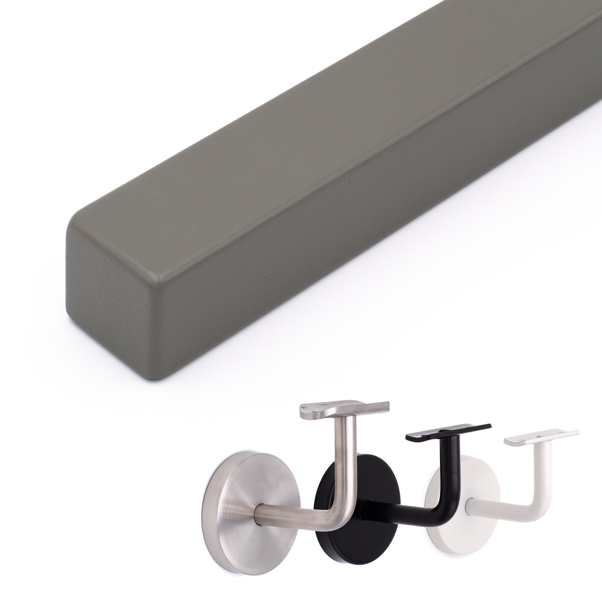 Corrimano quadrato in faggio grigio, estremità con spigoli arrotondati, con supporti per corrimano in inox, nero e bianco