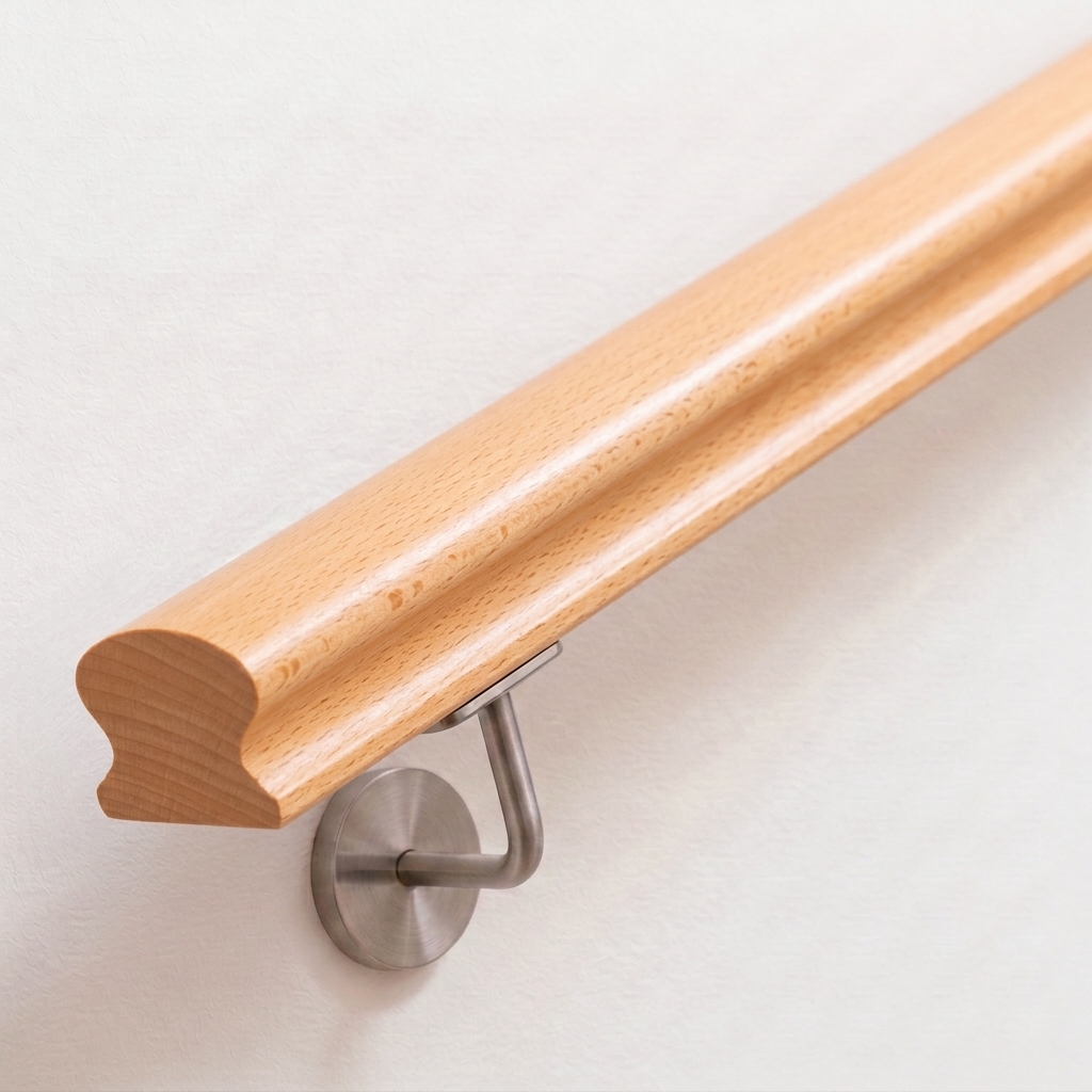 Corrimano Omega in faggio chiaro con sezione profilata a omega, supporto in acciaio inox su parete bianca, estremità dritta