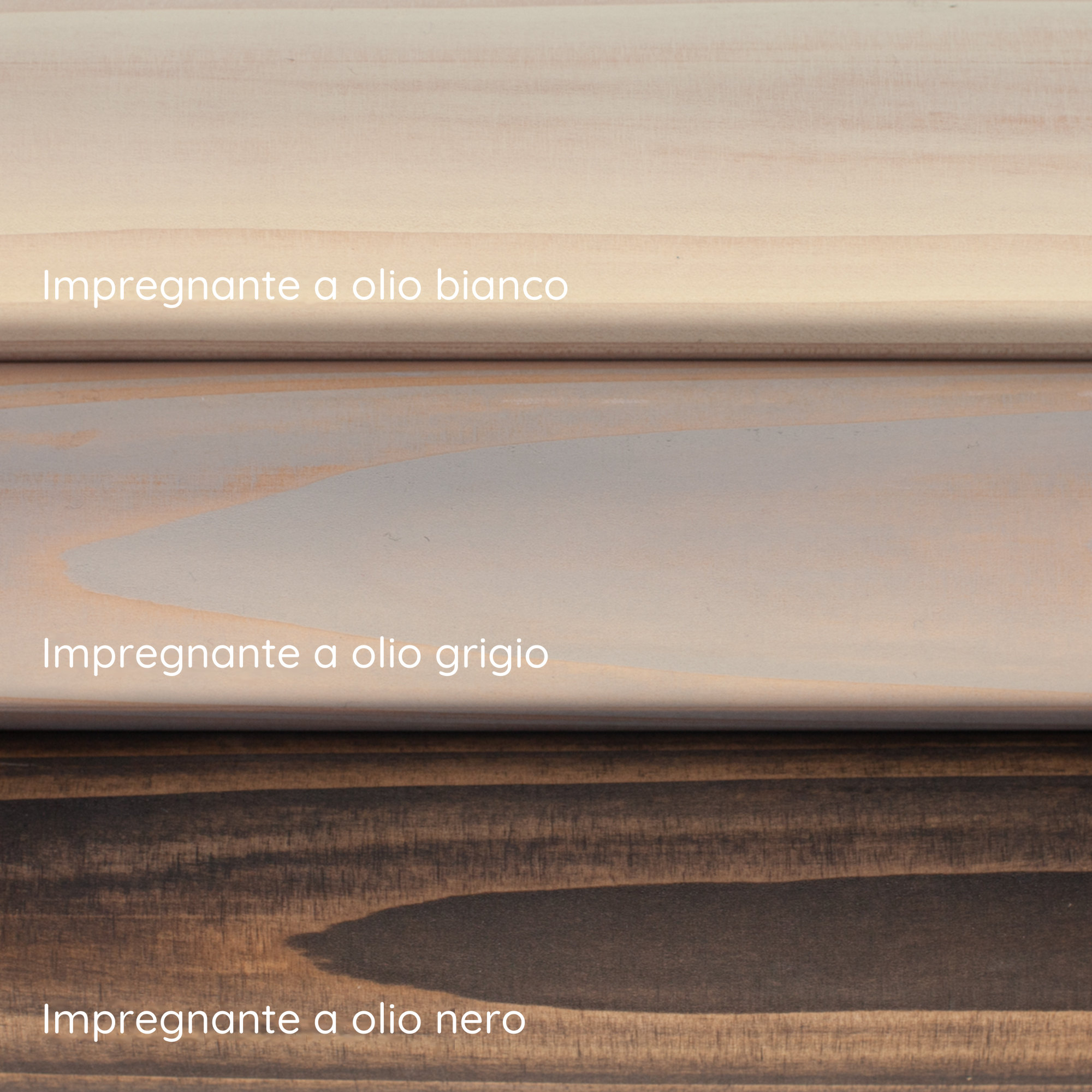 Corrimano in abete rosso/abete bianco: tre campioni con impregnante a olio bianco, grigio e nero, superficie con venatura