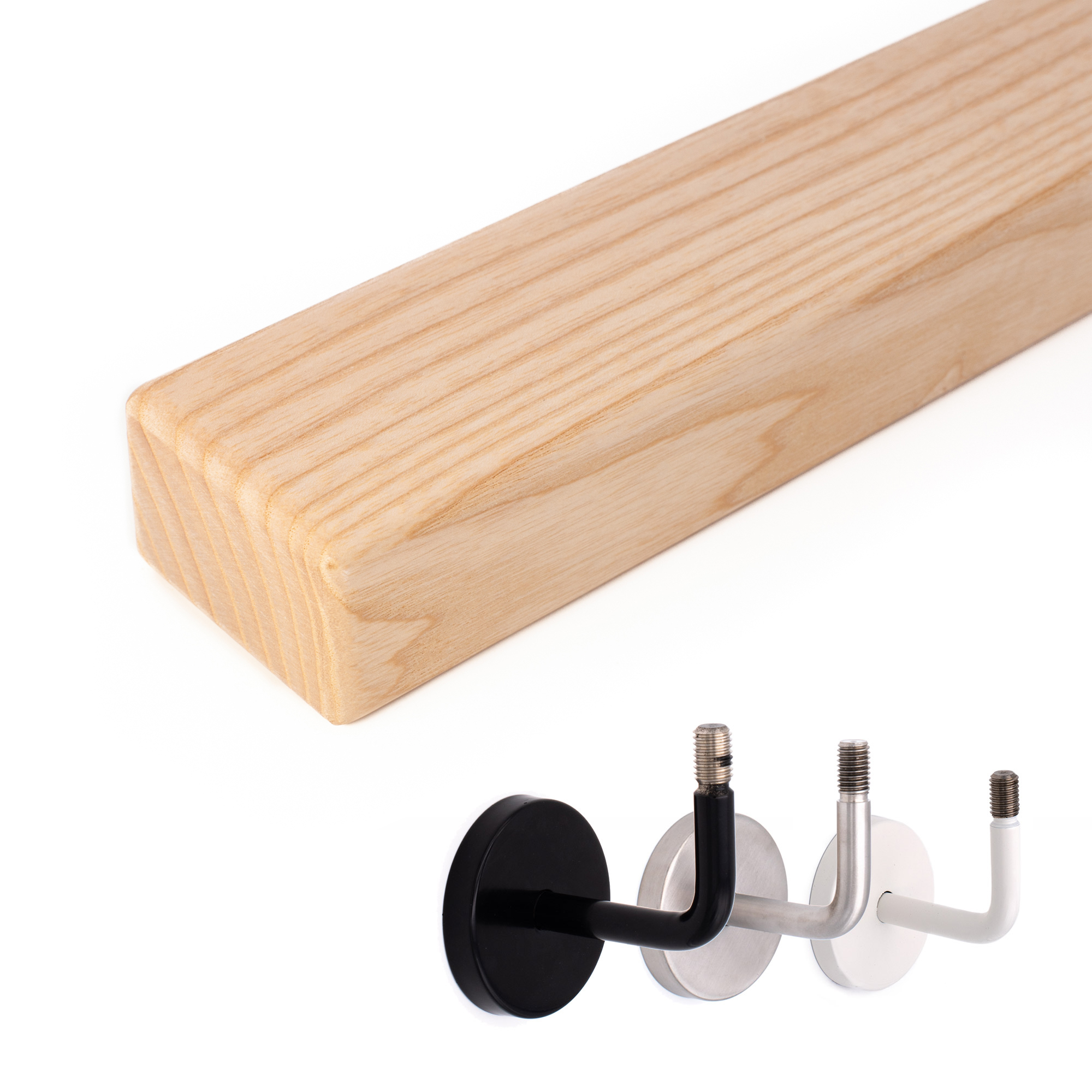 Corrimano rettangolare in frassino naturale, accanto supporti per corrimano in nero, acciaio inox e bianco