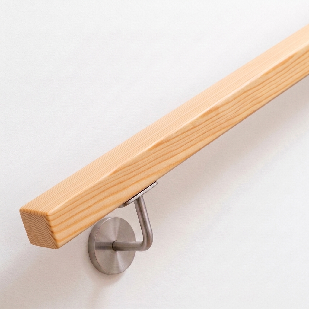 Corrimano in pino a sezione quadrata, legno chiaro venato, supporto in acciaio inox su parete bianca, estremità diritta