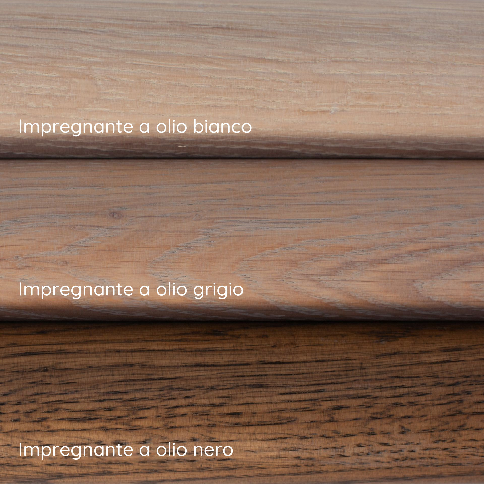 Corrimano in rovere: tre campioni con impregnante a olio bianco, grigio e nero, superficie del legno con venatura