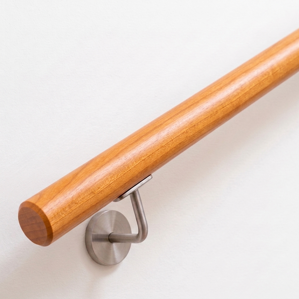 Corrimano rotondo in ciliegio, legno rossastro caldo, supporto in acciaio inox su parete bianca, estremità dritta