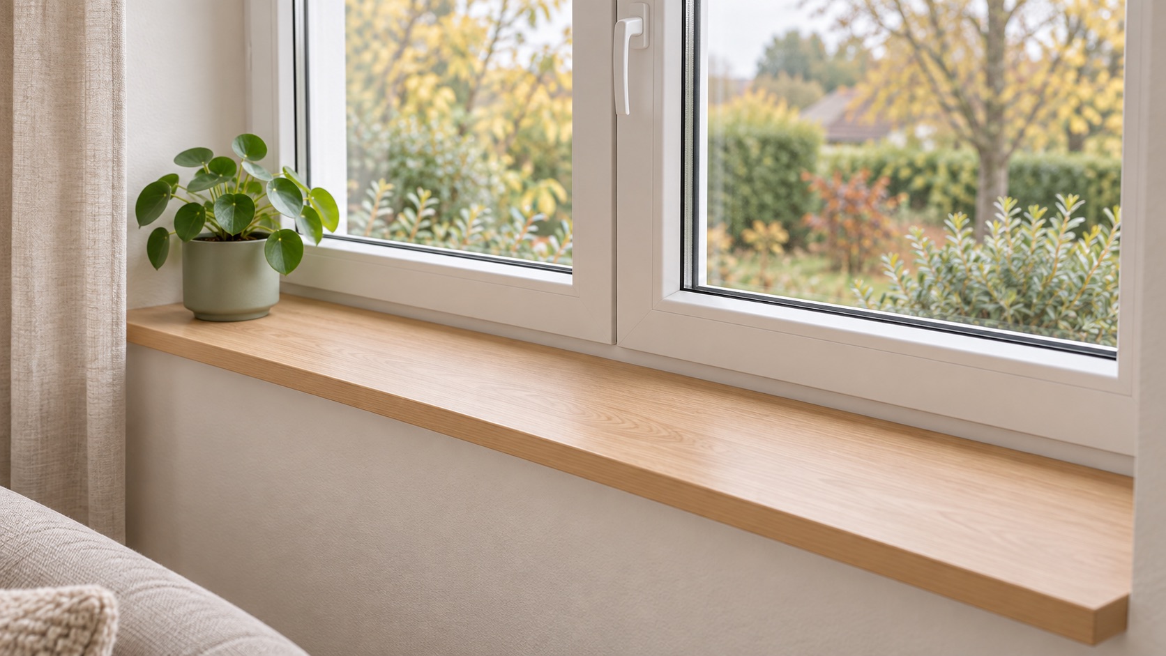Davanzale effetto legno rovere chiaro sotto finestra a due ante con vista sul giardino autunnale, pilea in vaso verde, divano