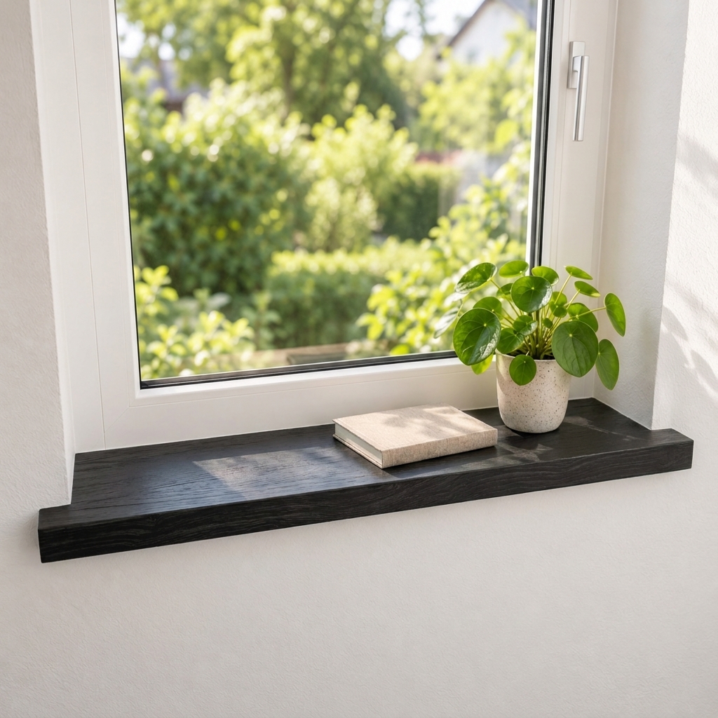 Davanzale per ristrutturazione in rovere tinto di nero, legno massello su finestra sul giardino, pianta in vaso e libro