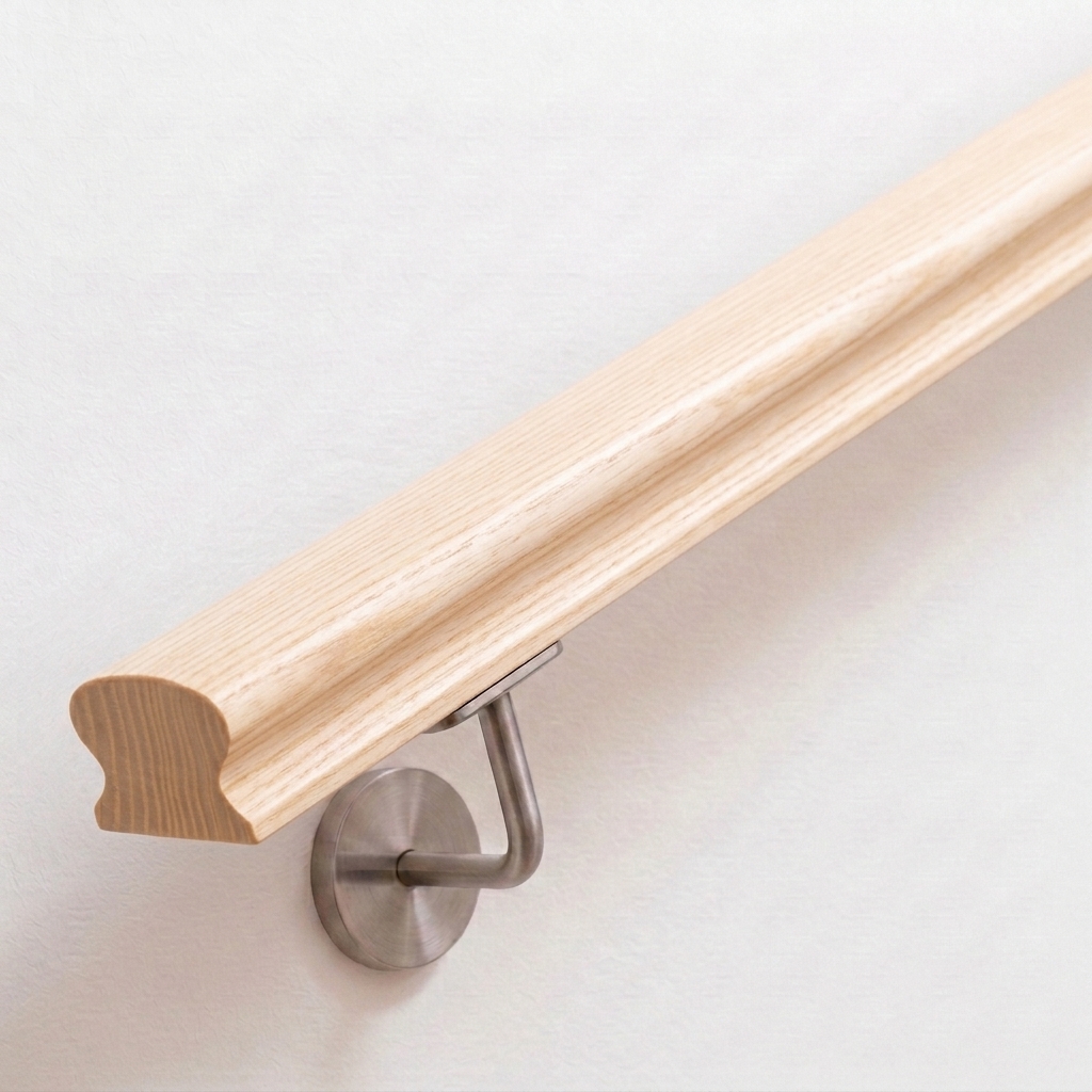 Corrimano Omega in frassino chiaro con sezione profilata, supporto in acciaio inox su parete bianca, estremità dritta