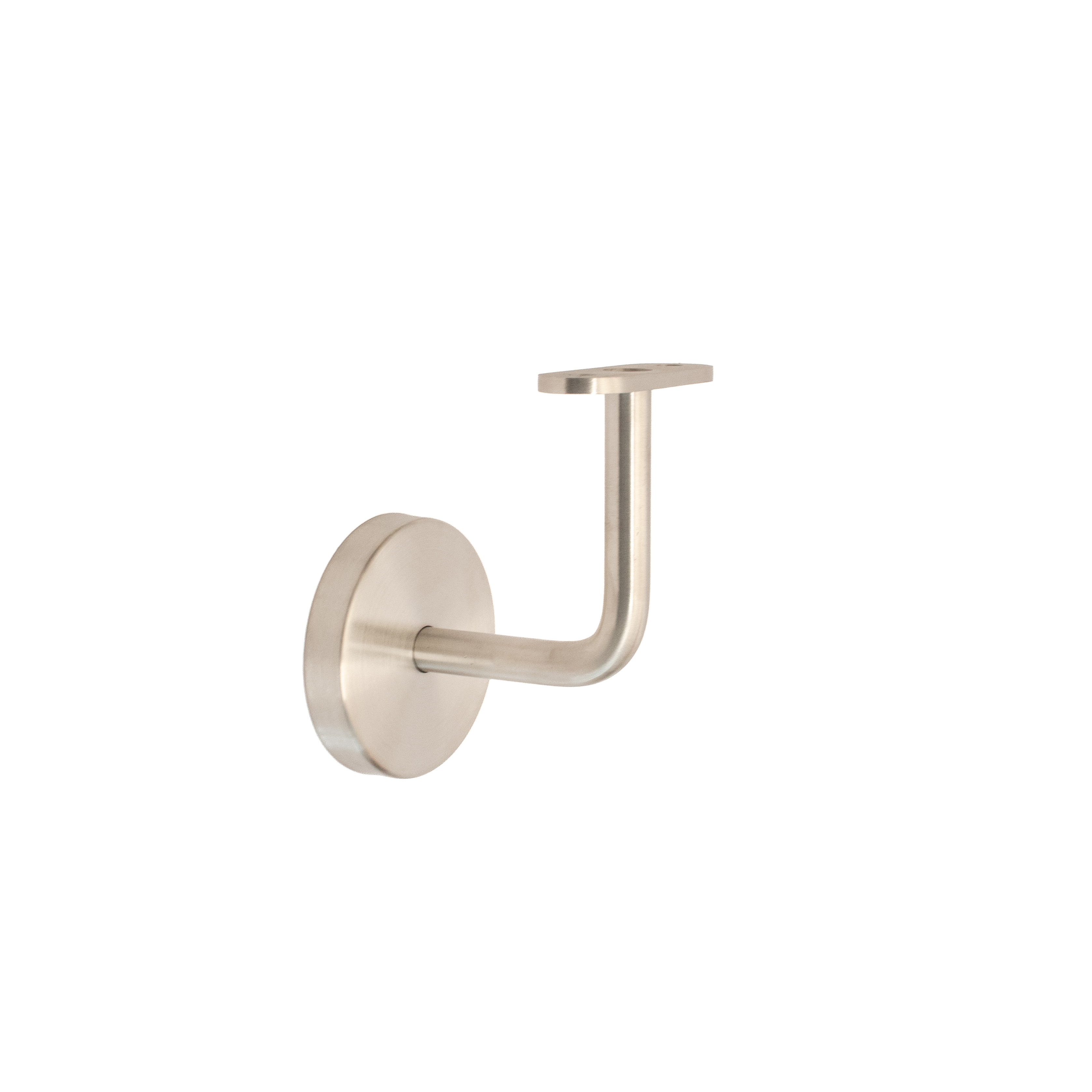 Supporto per corrimano modello 02 inox con piastra diritta, supporto a parete con rosetta rotonda e braccio curvo