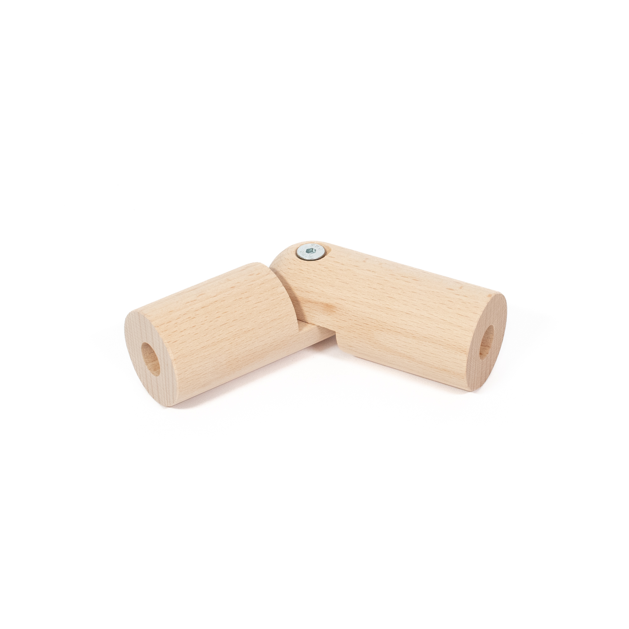 Raccordo ad angolo variabile in faggio Ø 42 mm per corrimano in legno, piegato a 90°, vite dello snodo visibile