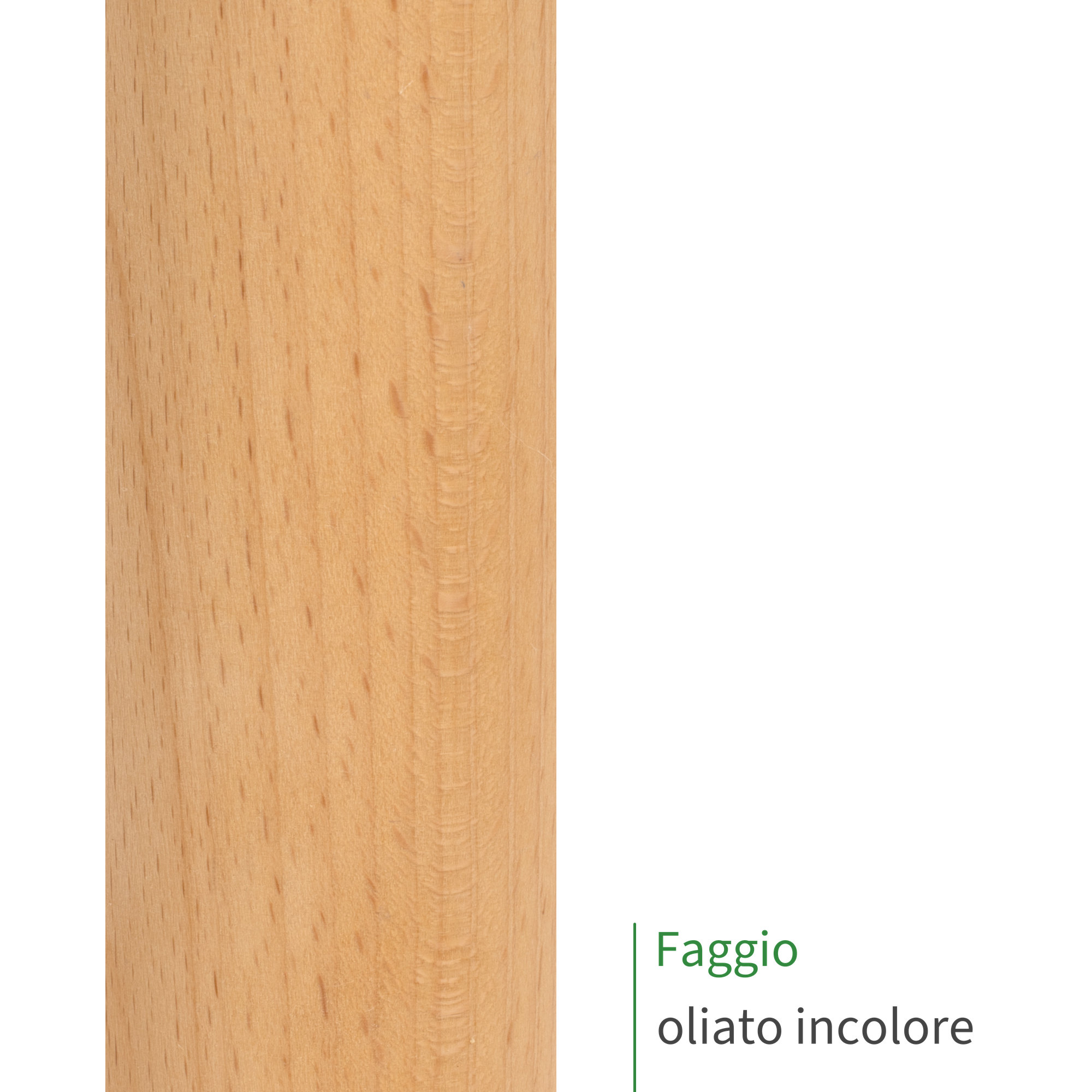 Barra tonda in legno di faggio oliato incolore, primo piano della superficie del legno con venatura fine e tonalità chiara