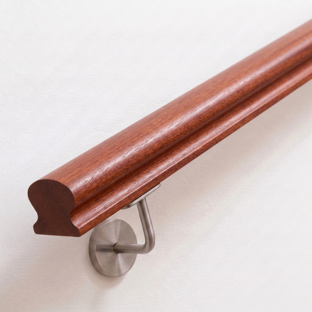 Corrimano Omega in mogano bruno-rossastro con sezione profilata, supporto in acciaio inox su parete bianca, estremità dritta