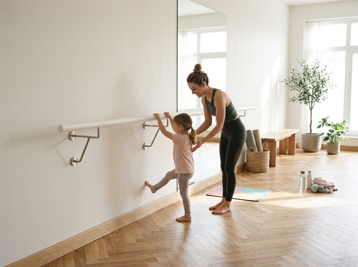 Sbarra da danza verniciata bianca, supporti a parete inox, mamma e bambina si allenano in sala chiara con specchio e parquet
