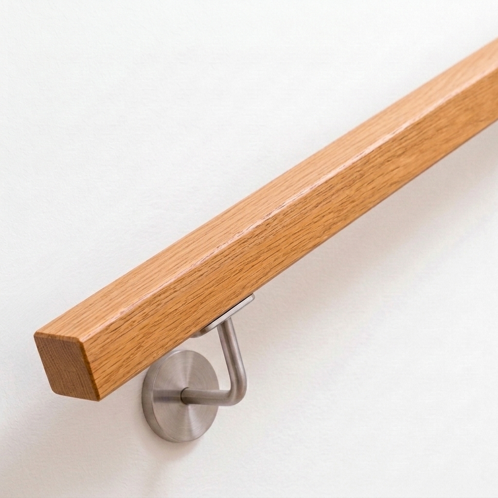 Corrimano quadrato in rovere rosso su parete bianca con supporto in acciaio inox, calda venatura, estremità dritta
