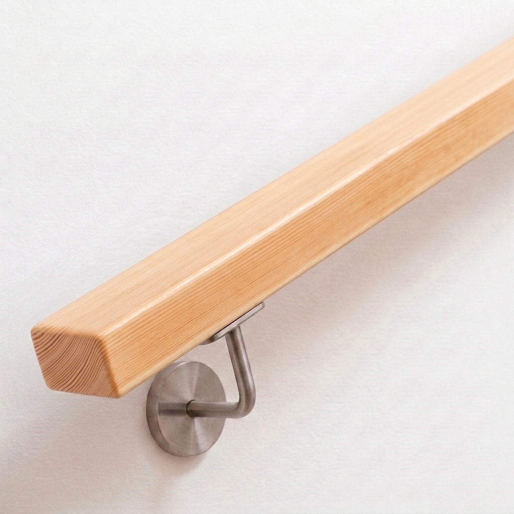 Corrimano rettangolare in pino, legno chiaro venato, supporto in acciaio inox su parete bianca, estremità diritta