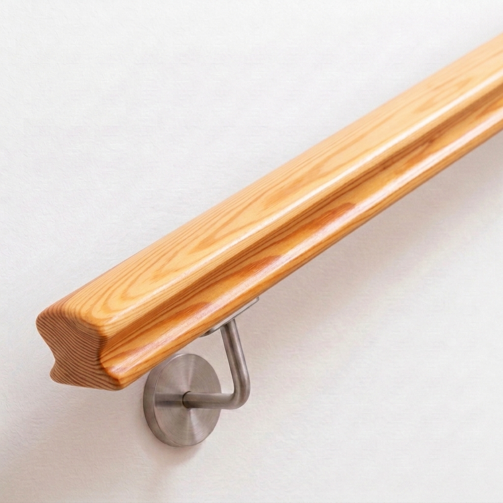 Corrimano Omega in pino con sezione profilata e venatura giallastra, supporto in acciaio inox su parete bianca