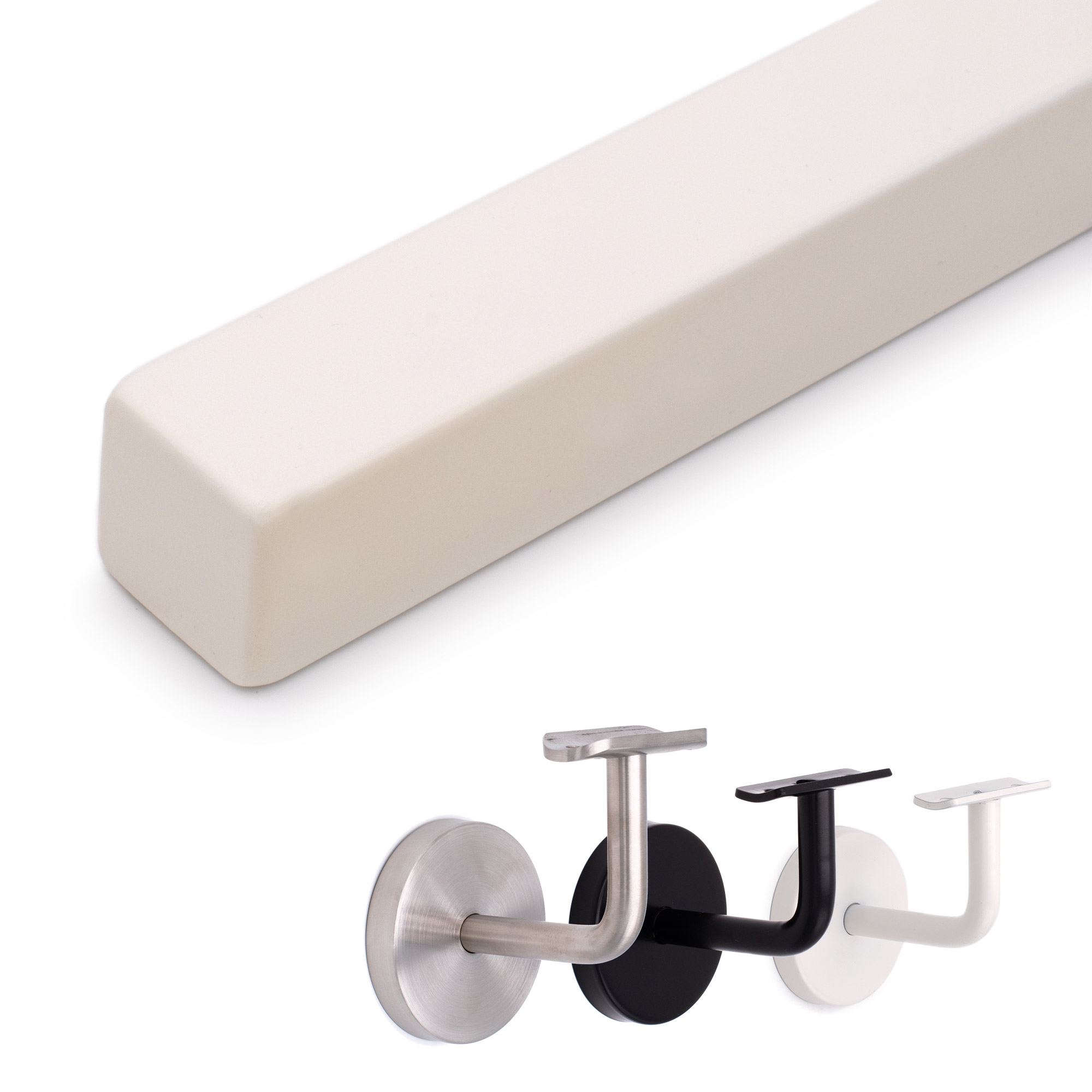 Corrimano quadrato in faggio bianco, estremità con spigoli arrotondati, con supporti per corrimano in inox, nero e bianco