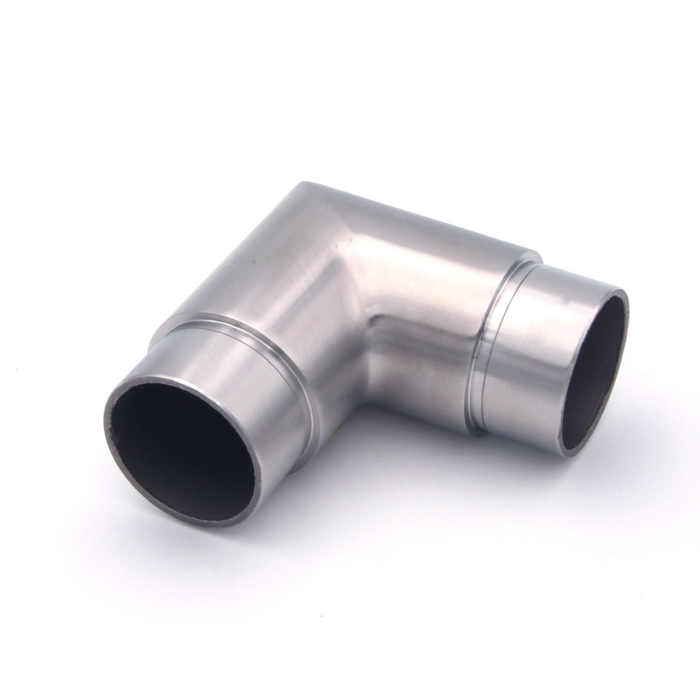 Curva angolare a 90° per corrimano in acciaio inossidabile Ø 42,4 mm, vista obliqua, due innesti aperti, su sfondo bianco