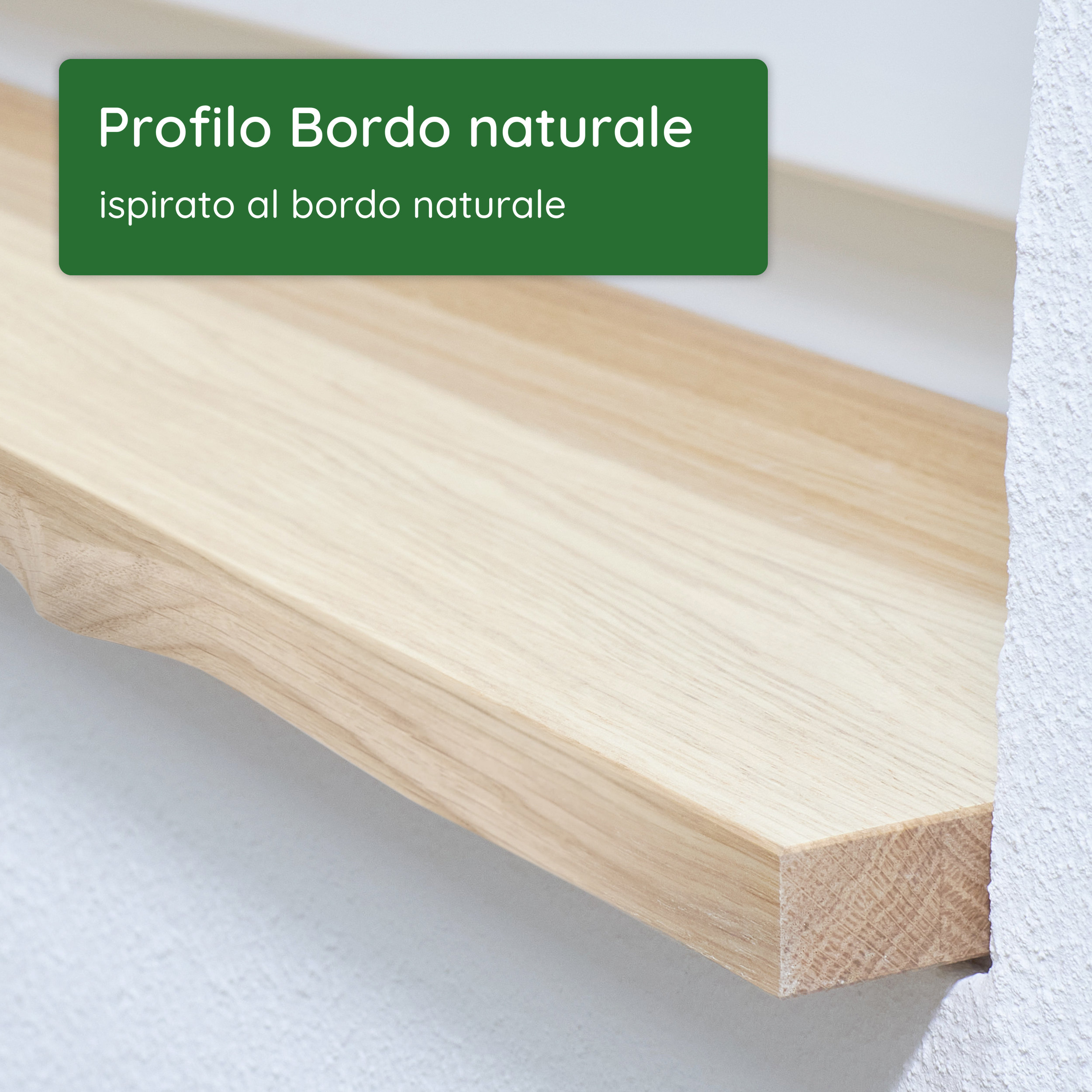 Davanzale in legno con profilo Bordo naturale, lato inferiore anteriore ispirato al bordo naturale del tronco, a parete