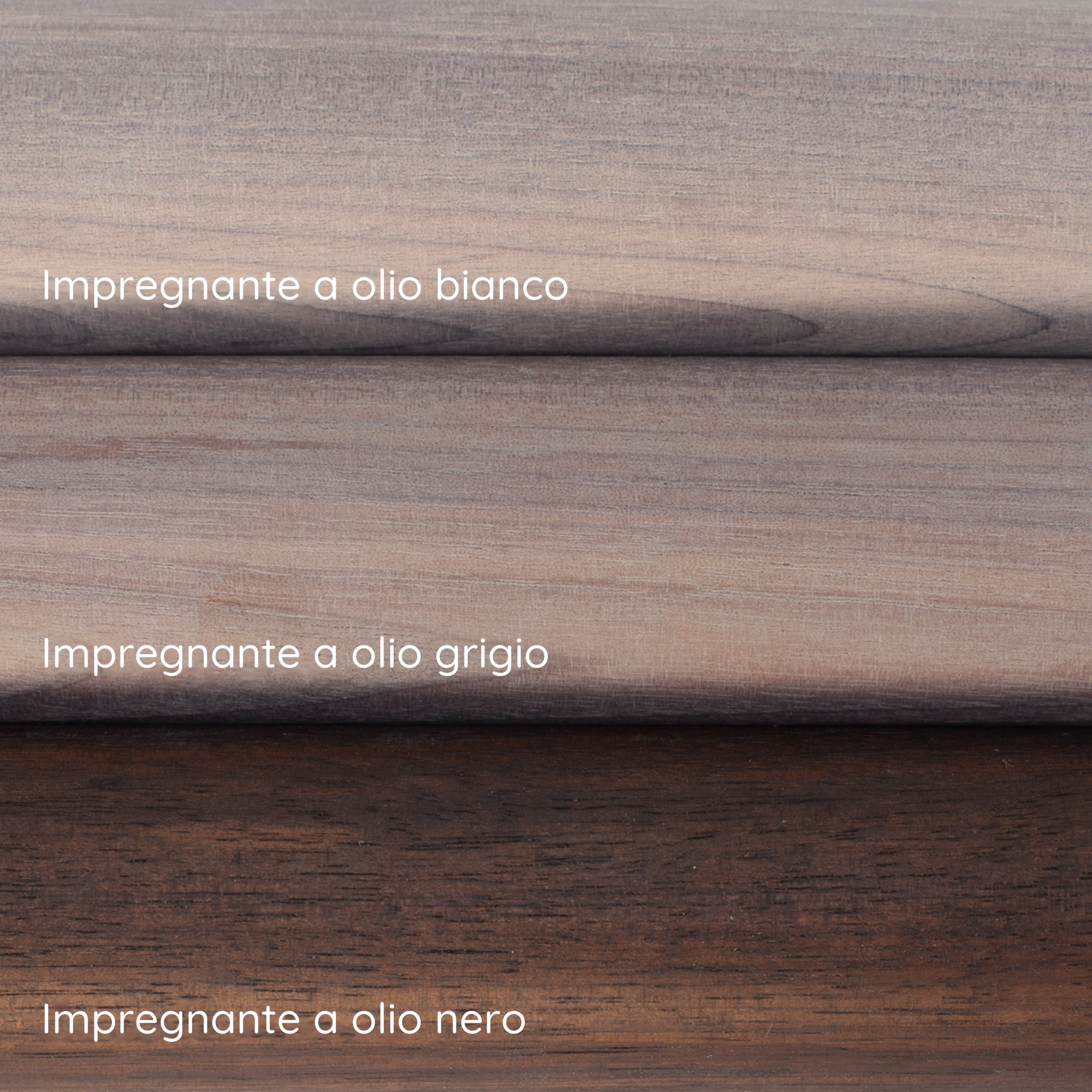 Corrimano in noce: tre campioni con impregnante a olio bianco, grigio e nero, superficie del legno con venatura