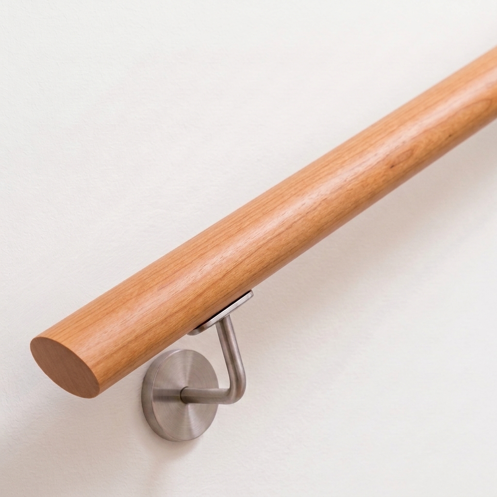 Corrimano ovale in ciliegio, legno rossastro caldo, supporto in acciaio inox su parete bianca, estremità dritta