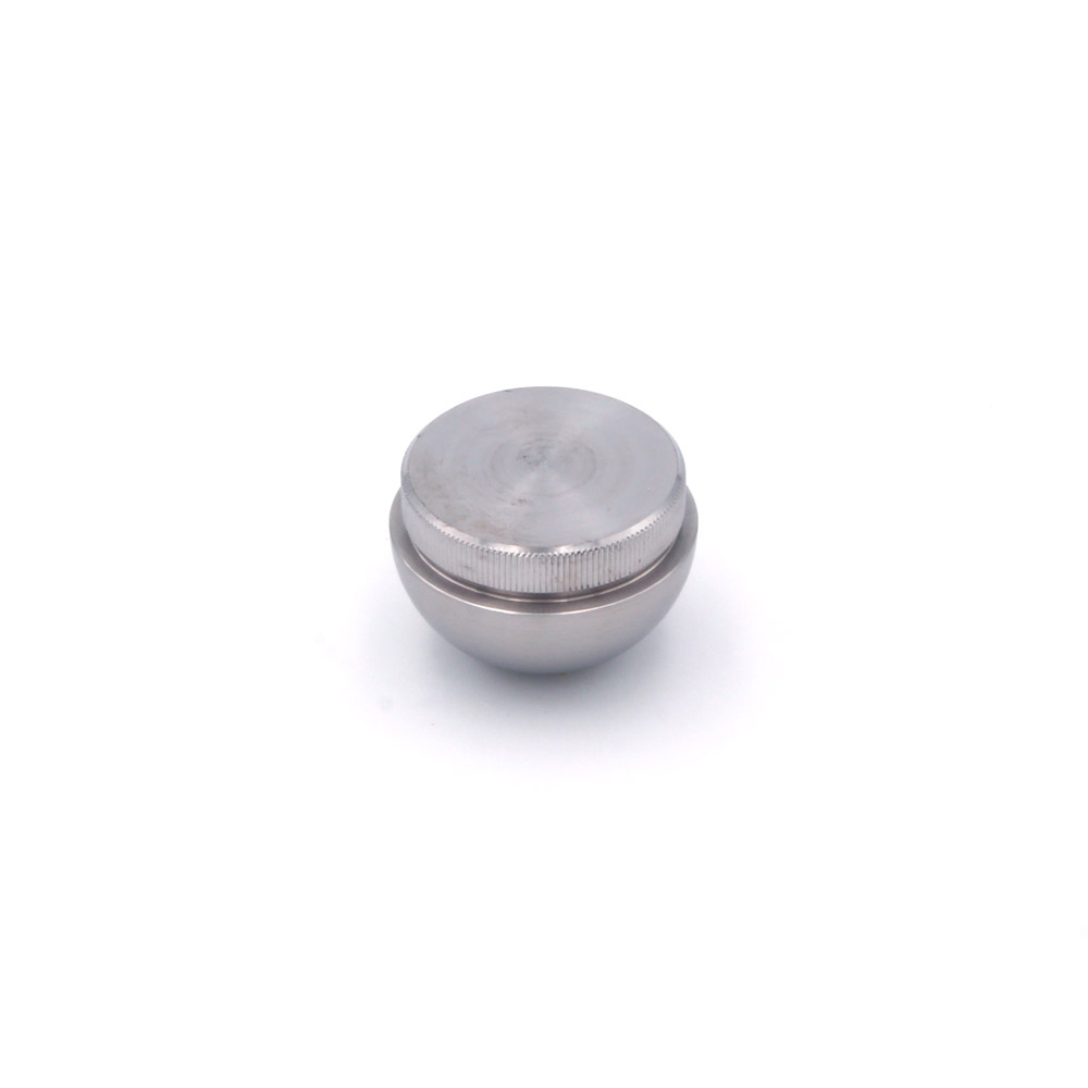 Tappo terminale rotondo per corrimano in acciaio inossidabile Ø 42,4 mm, vista dell'innesto zigrinato, calotta bombata sotto