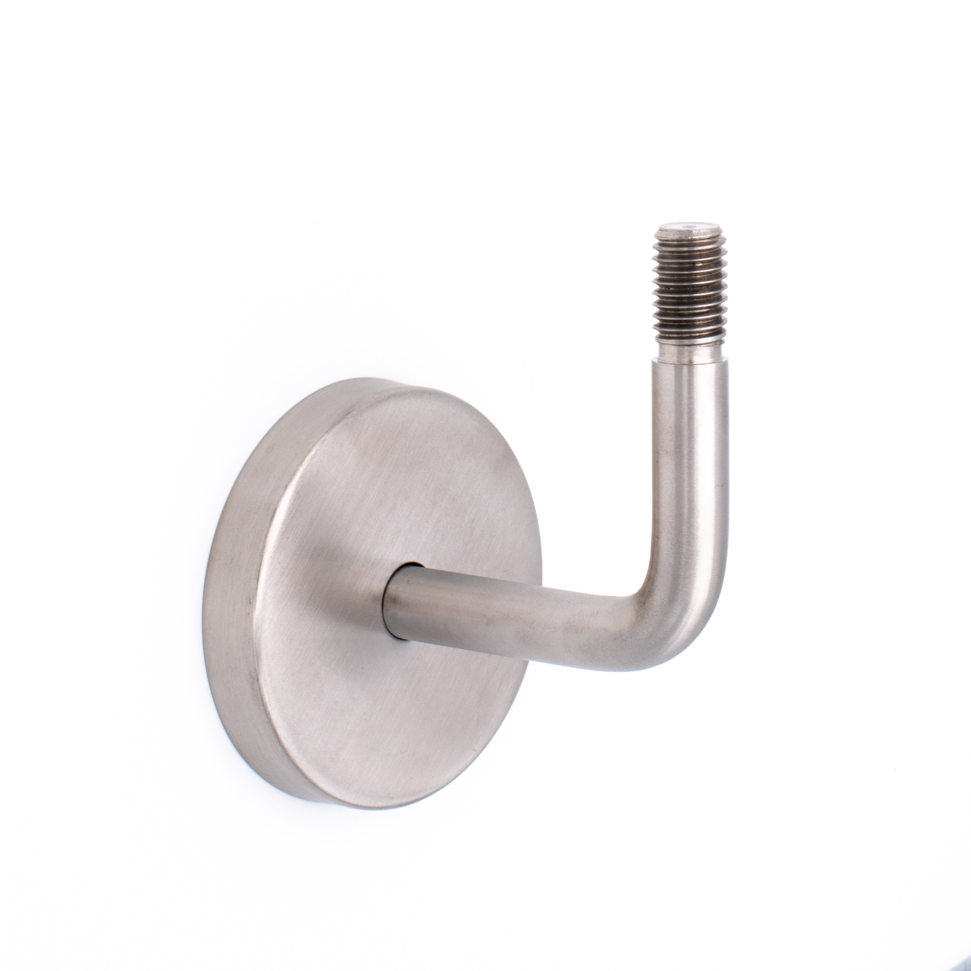 Supporto per corrimano modello 01 inox, curvo con rosetta rotonda e perno filettato in alto, per corrimano in legno