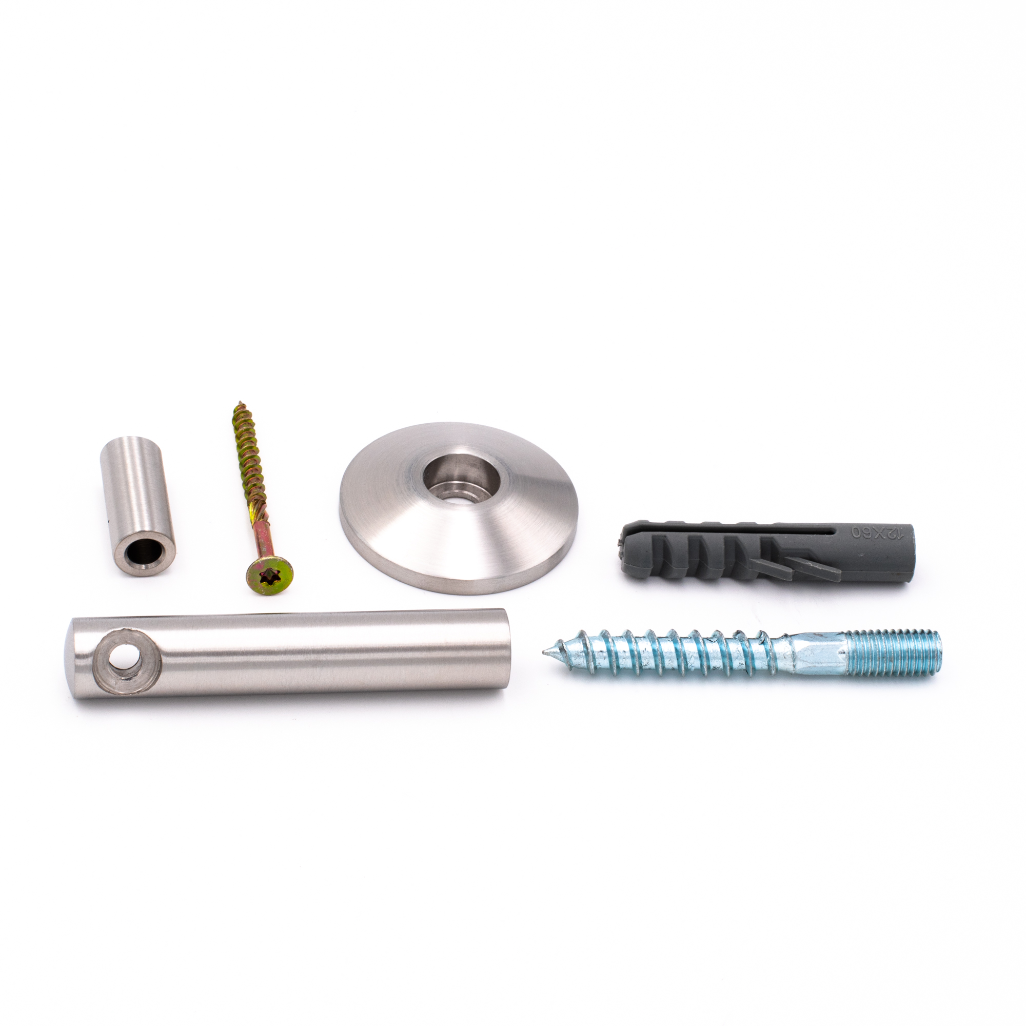 Supporto per corrimano modello 05 in acciaio inox, parti: tubo, rosetta conica, distanziale, prigioniero, tassello e vite