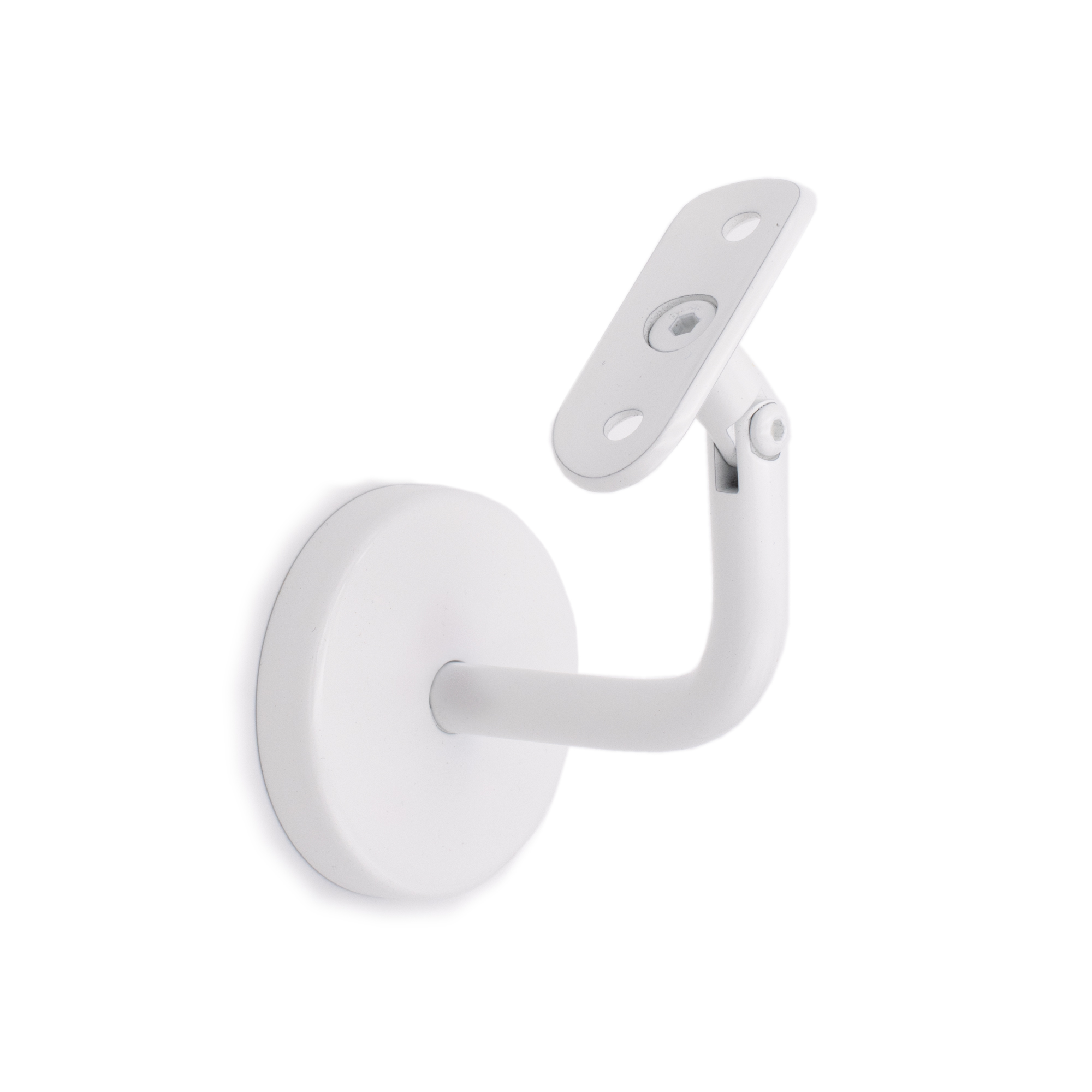 Supporto per corrimano modello 04 bianco con snodo e piastra bombata, a parete con rosetta rotonda per corrimano in legno