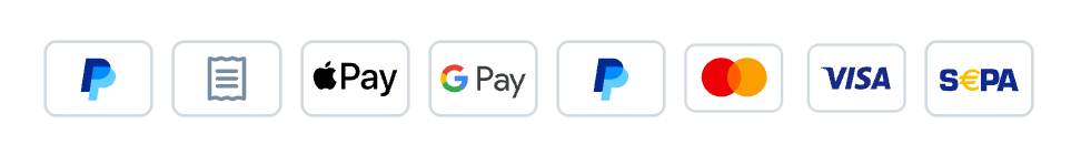 Metodi di pagamento: PayPal, fattura, bonifico anticipato, Apple Pay, Google Pay, Mastercard, Visa e addebito diretto SEPA