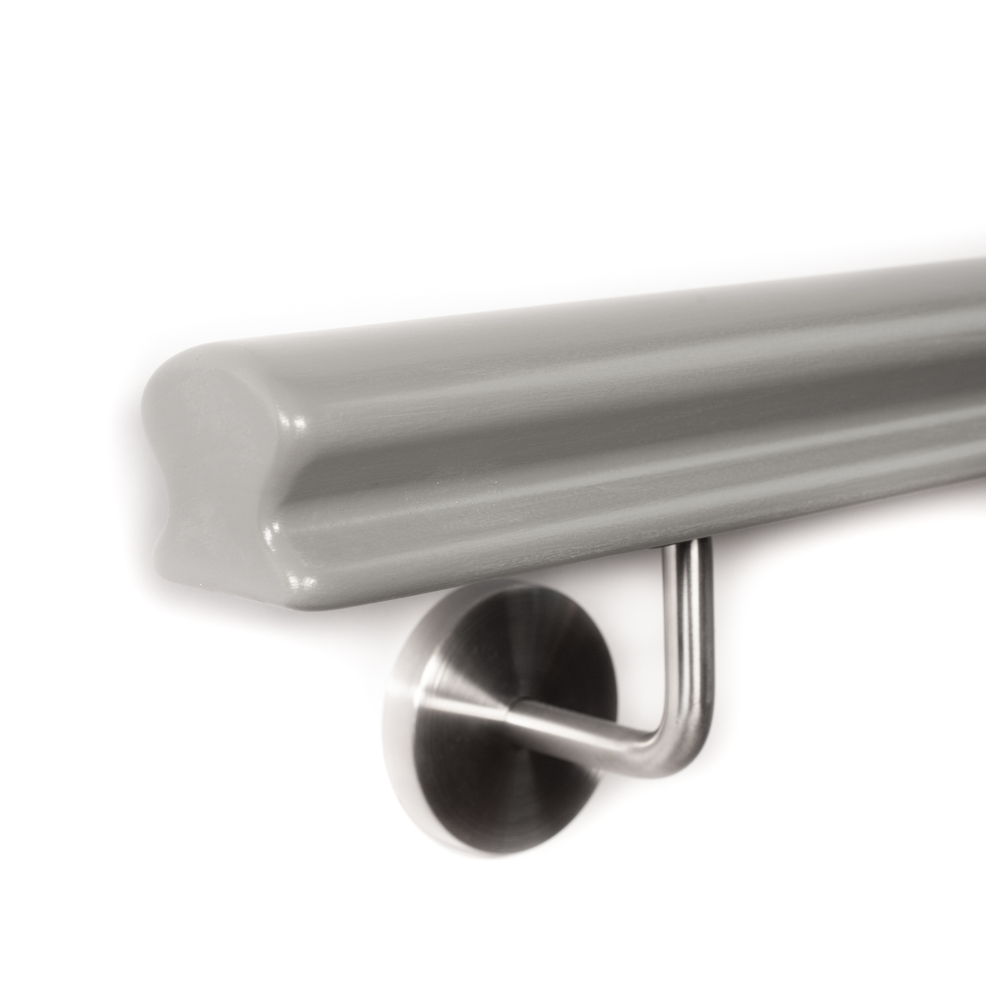 Corrimano Omega in faggio grigio verniciato, estremità arrotondata, supporto a parete in acciaio inox, primo piano